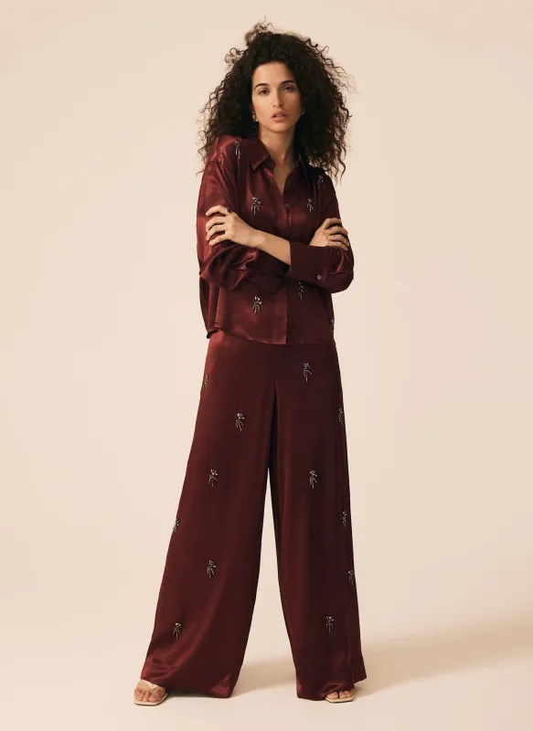 Burgundy Satin Embellished Wide Trousers sold by Mint Velvet