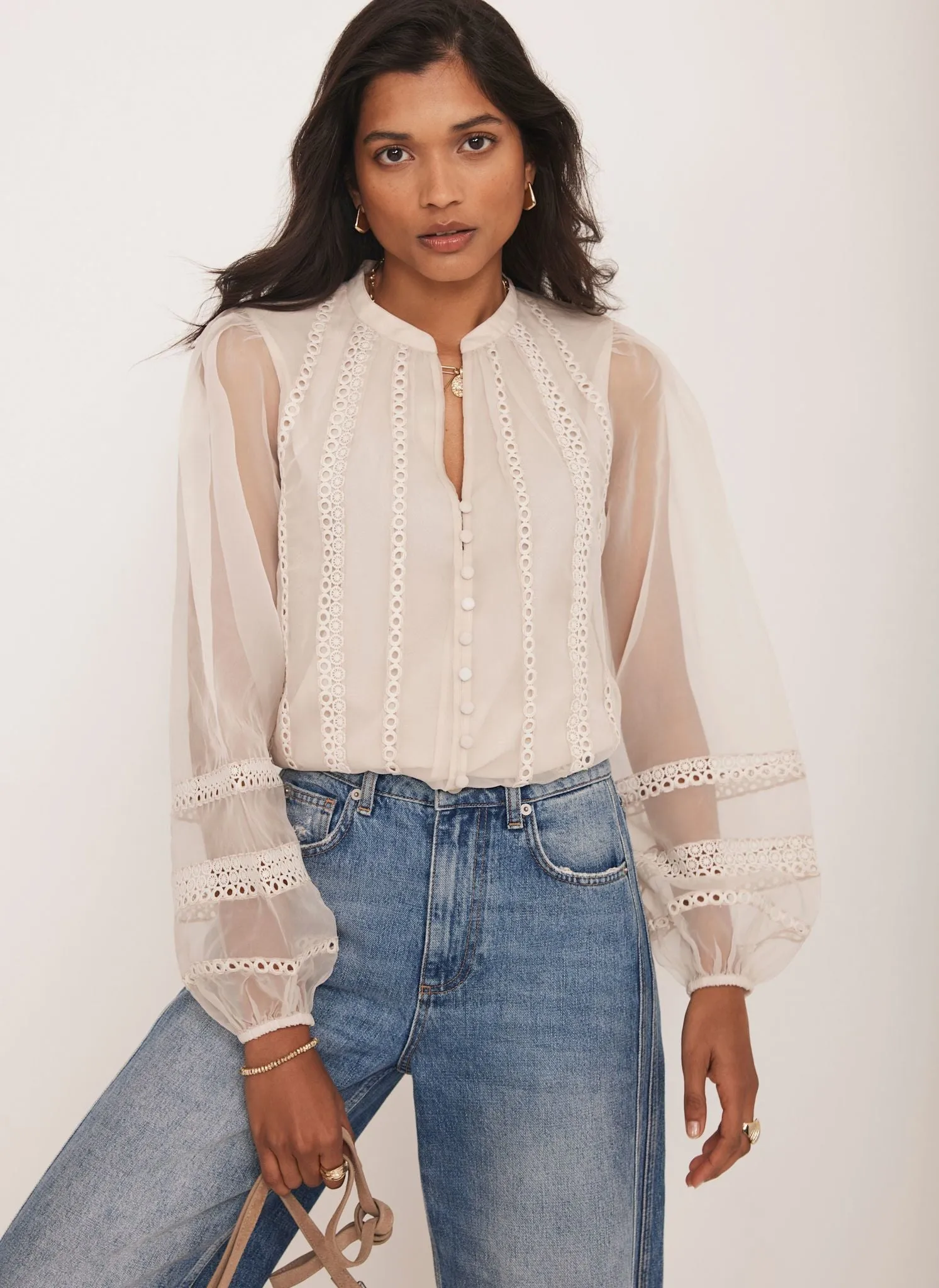 Neutral Sheer Trim Detail Top sold by Mint Velvet