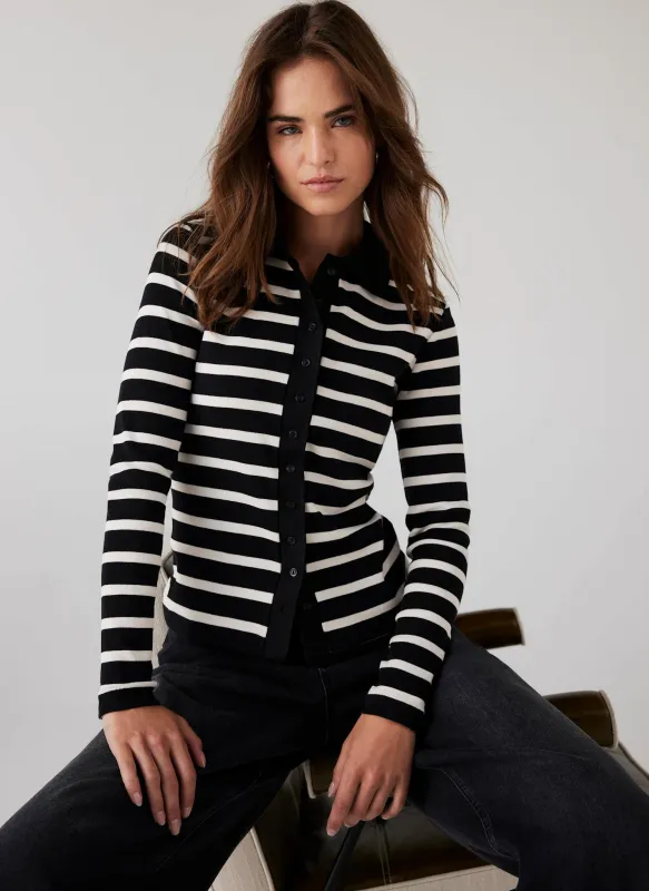 Black Cotton Striped Polo Collar Top sold by Mint Velvet