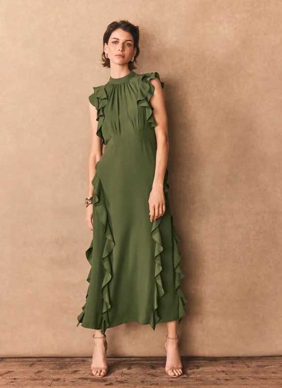 Green High Neck Ruffle Maxi Dress sold by Mint Velvet