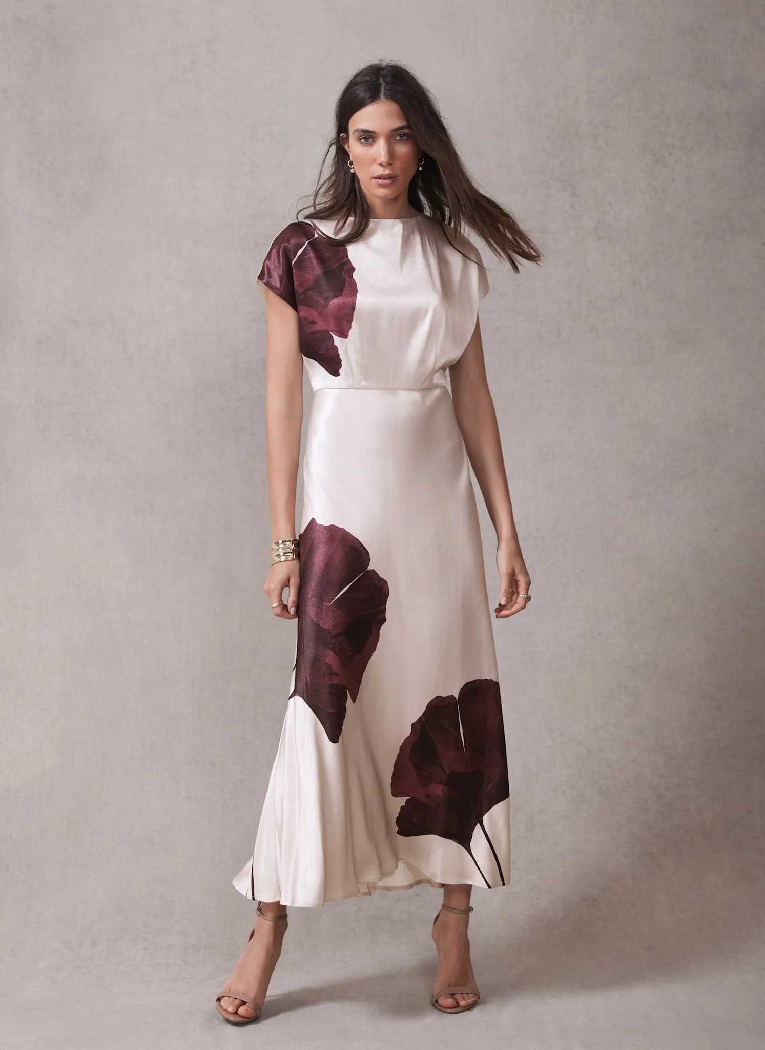 Burgundy Floral Print Satin Midi Dress sold by Mint Velvet