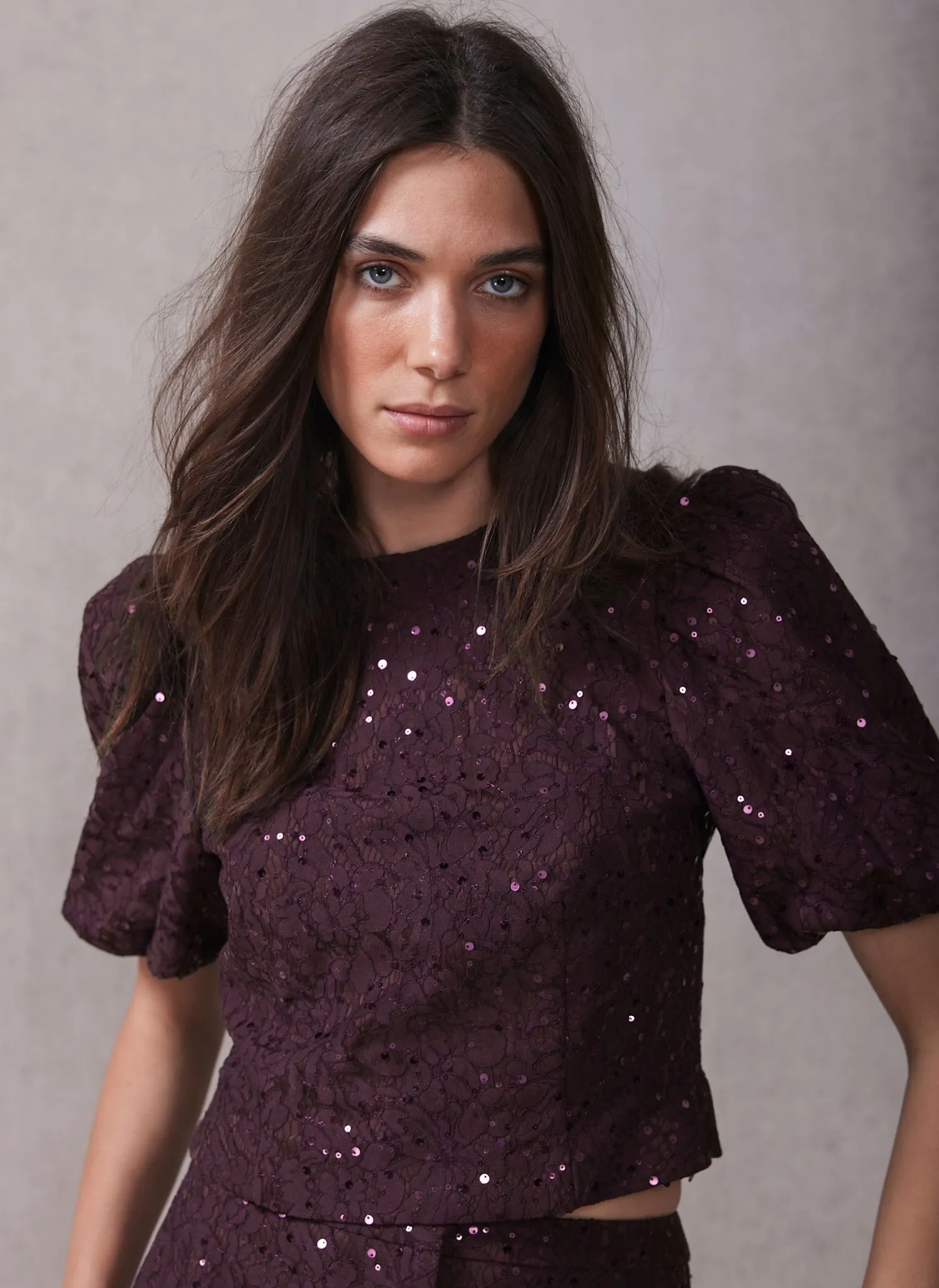 Burgundy Sequin Lace Puff Sleeve Top sold by Mint Velvet product image thumbnail 2