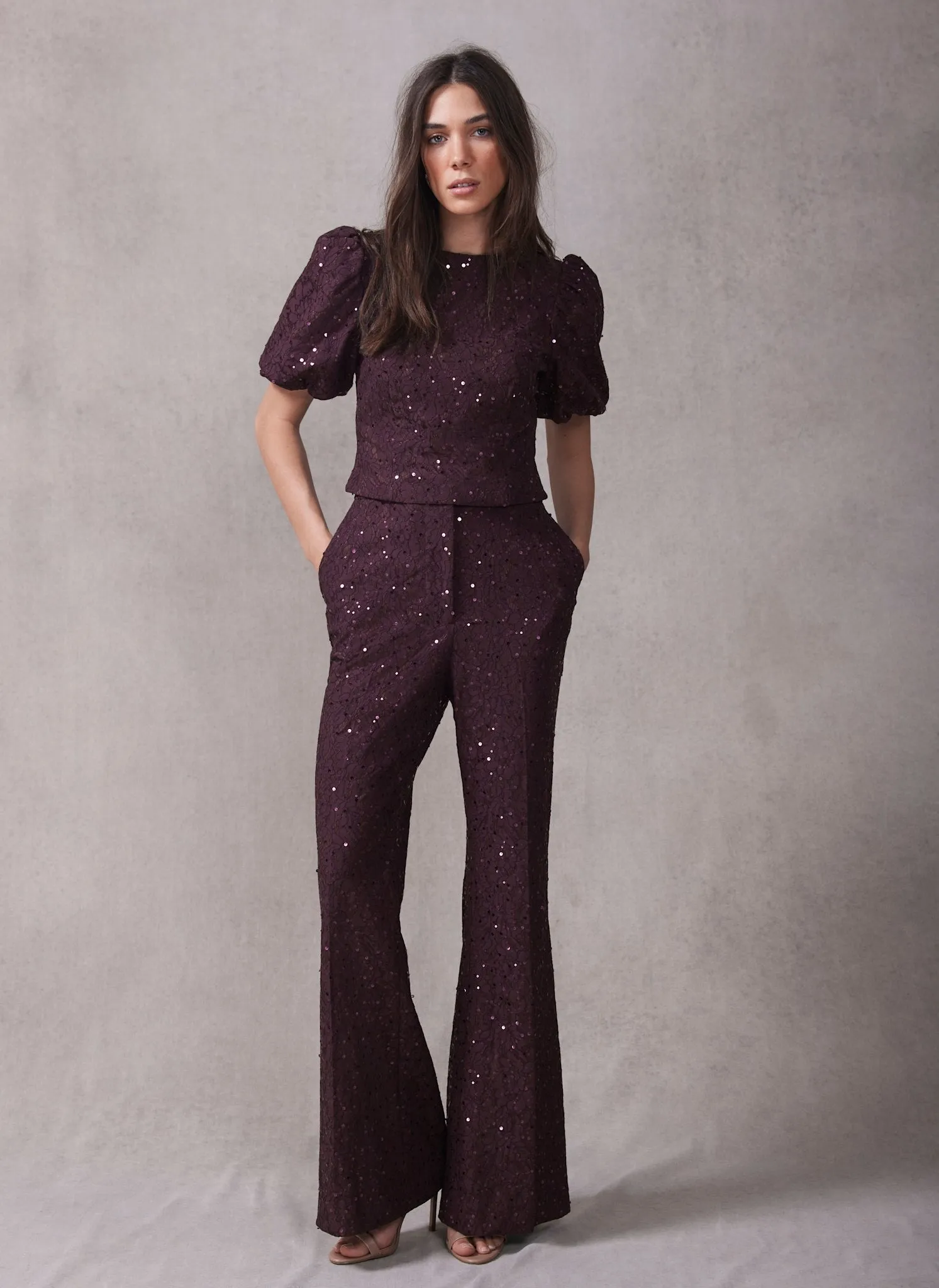 Burgundy Sequin Lace Flared Trousers sold by Mint Velvet product image thumbnail 3