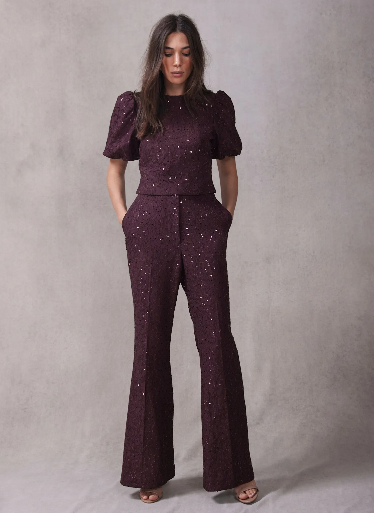 Burgundy Sequin Lace Flared Trousers sold by Mint Velvet product image thumbnail 5