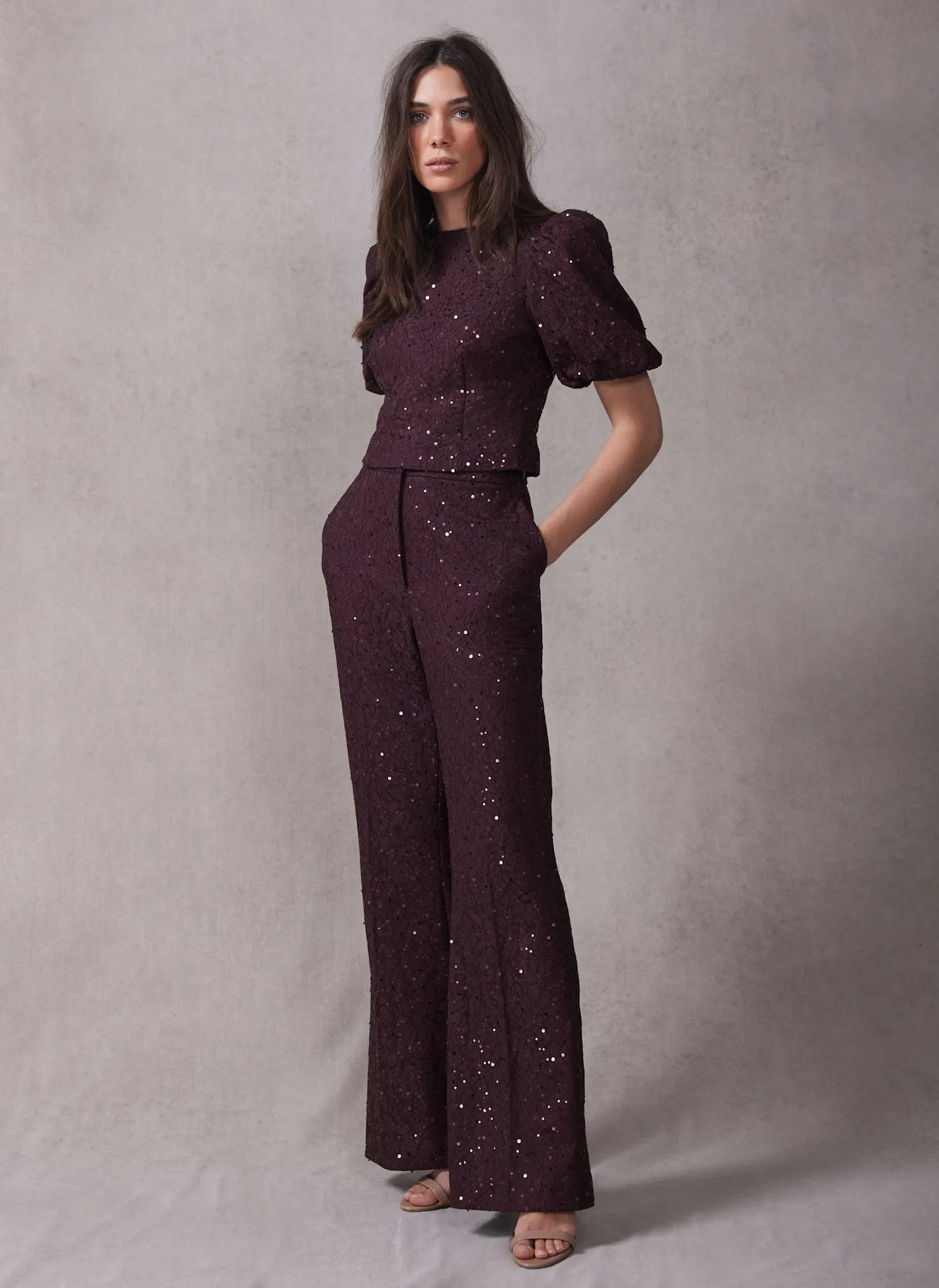 Burgundy Sequin Lace Flared Trousers sold by Mint Velvet product image thumbnail 2