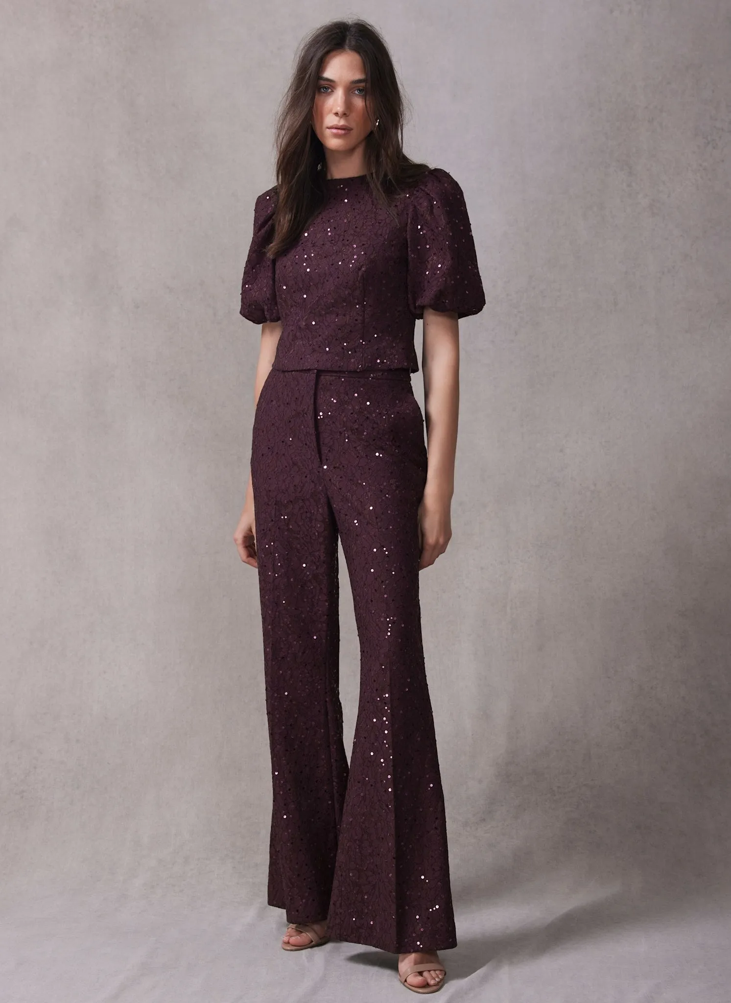 Burgundy Sequin Lace Flared Trousers sold by Mint Velvet