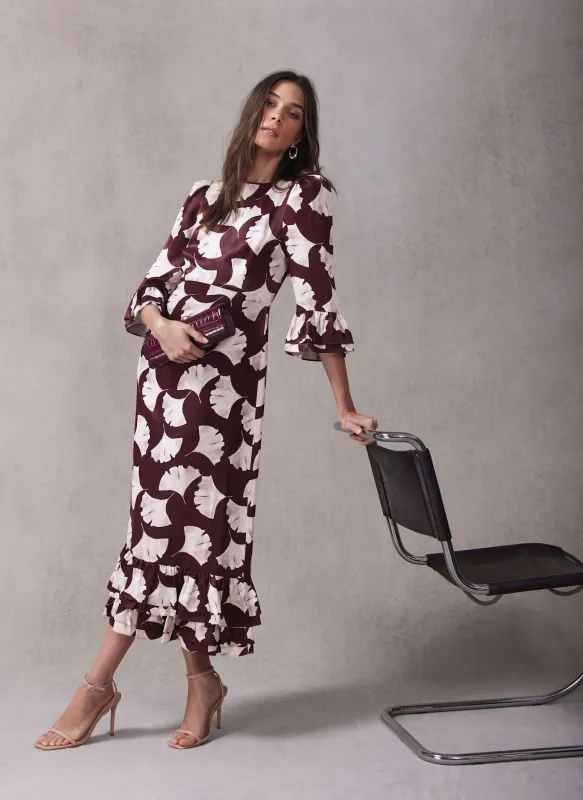 Burgundy Leaf Print Midi Dress made by Mint Velvet