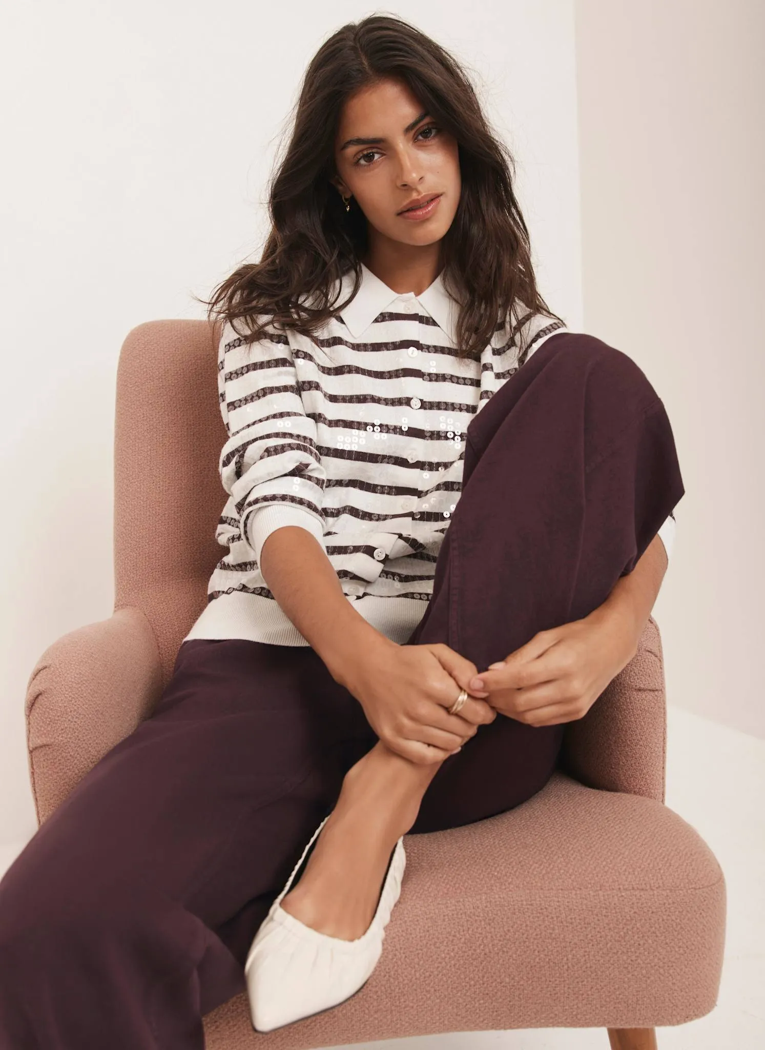 Burgundy Stripe Sequin Collar Cardigan sold by Mint Velvet product image thumbnail 3