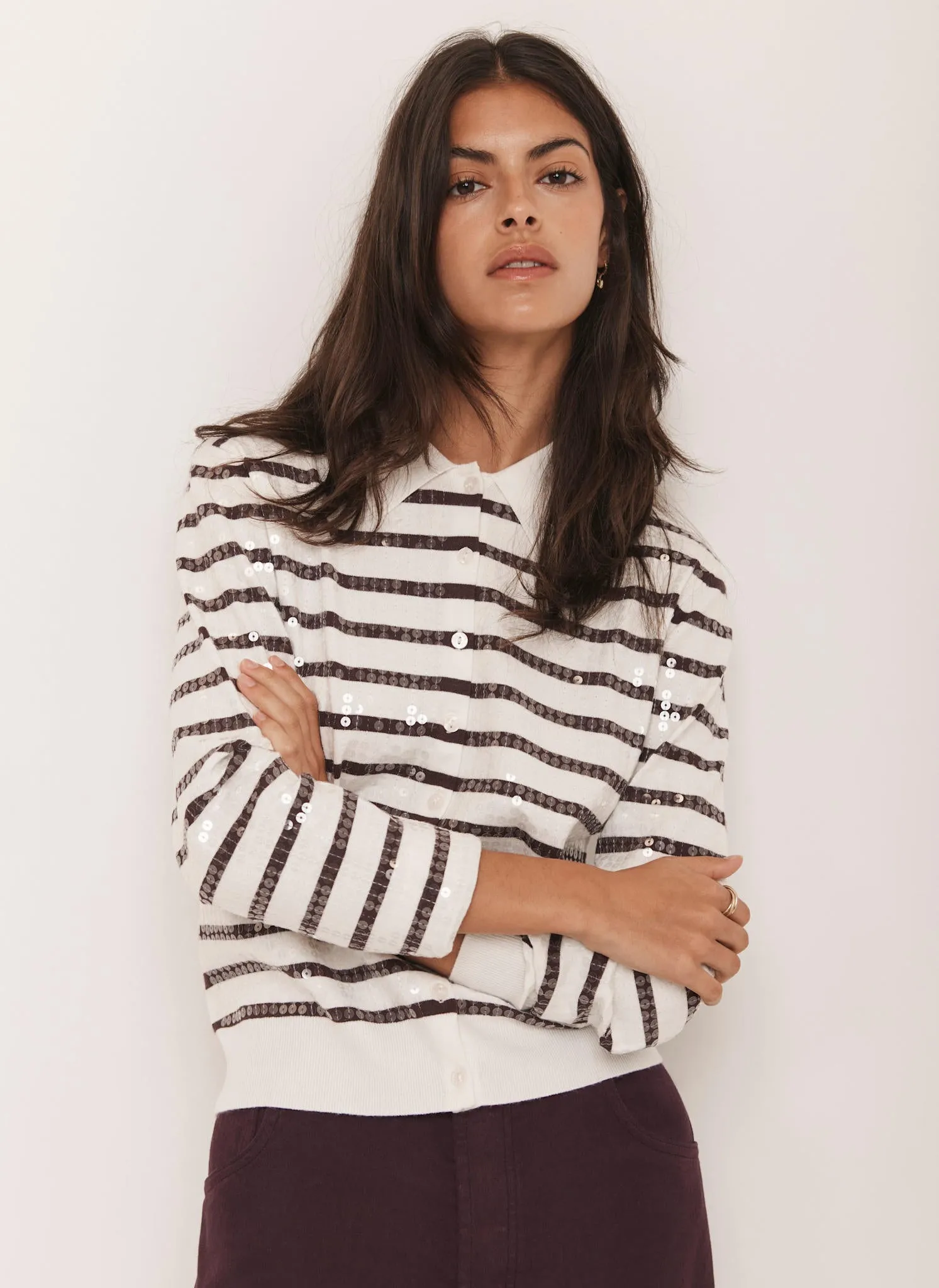 Burgundy Stripe Sequin Collar Cardigan sold by Mint Velvet product image thumbnail 2