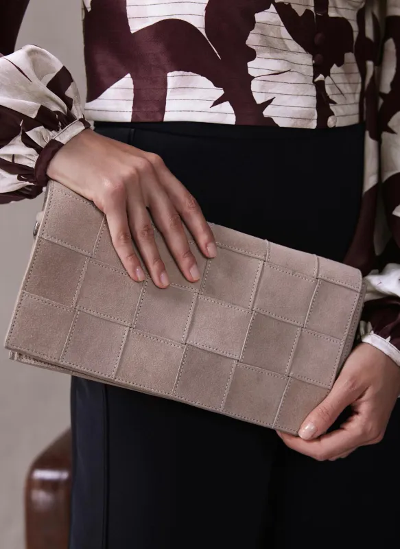 Avi Neutral Suede Woven Clutch sold by Mint Velvet