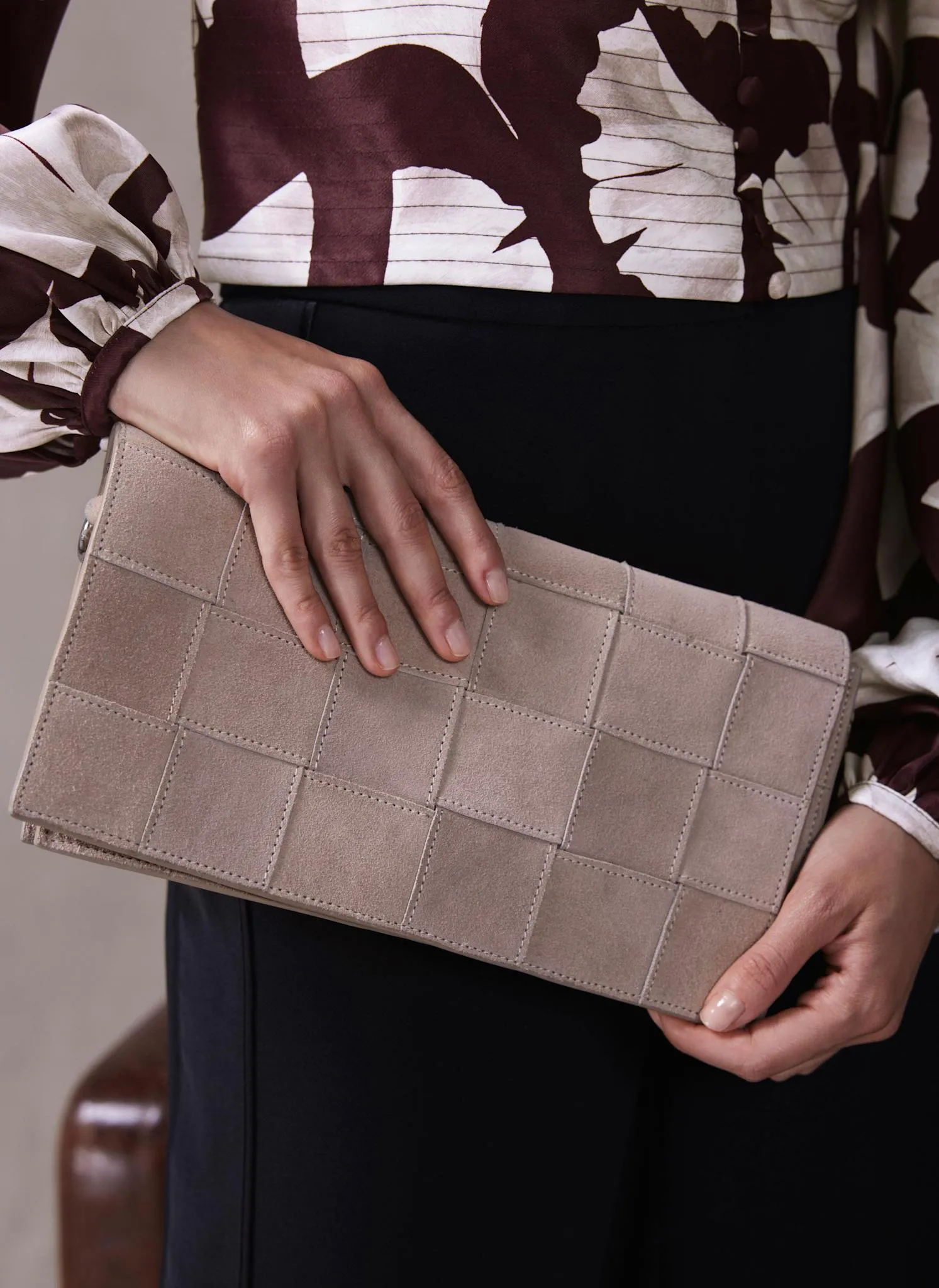Avi Neutral Suede Woven Clutch sold by Mint Velvet