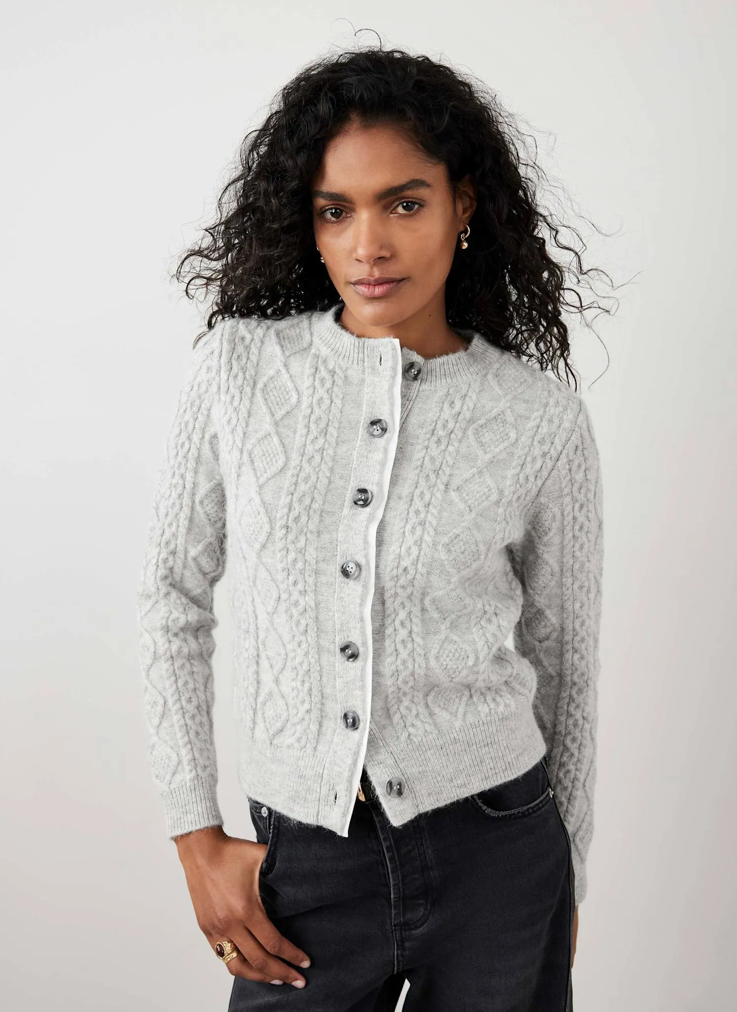 Grey Cable Knit Wool Blend Cardigan sold by Mint Velvet product image thumbnail 3