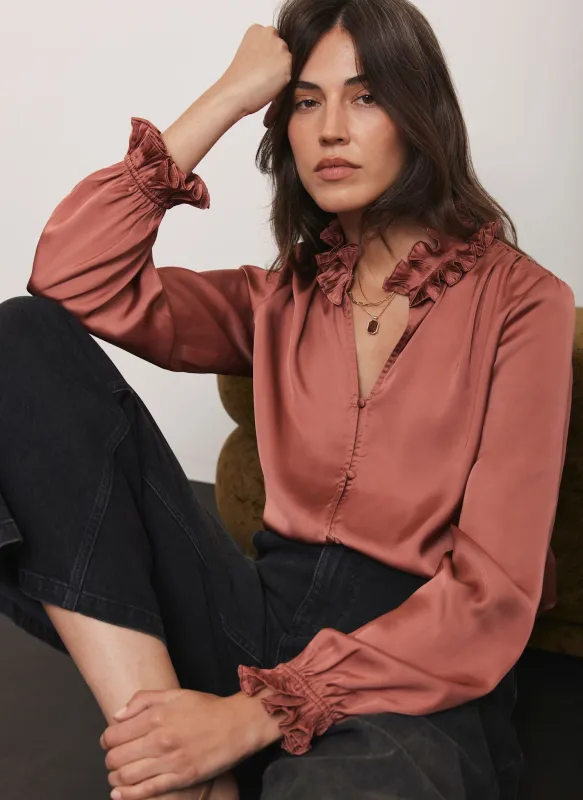 Pink Ruffle Satin Blouse sold by Mint Velvet