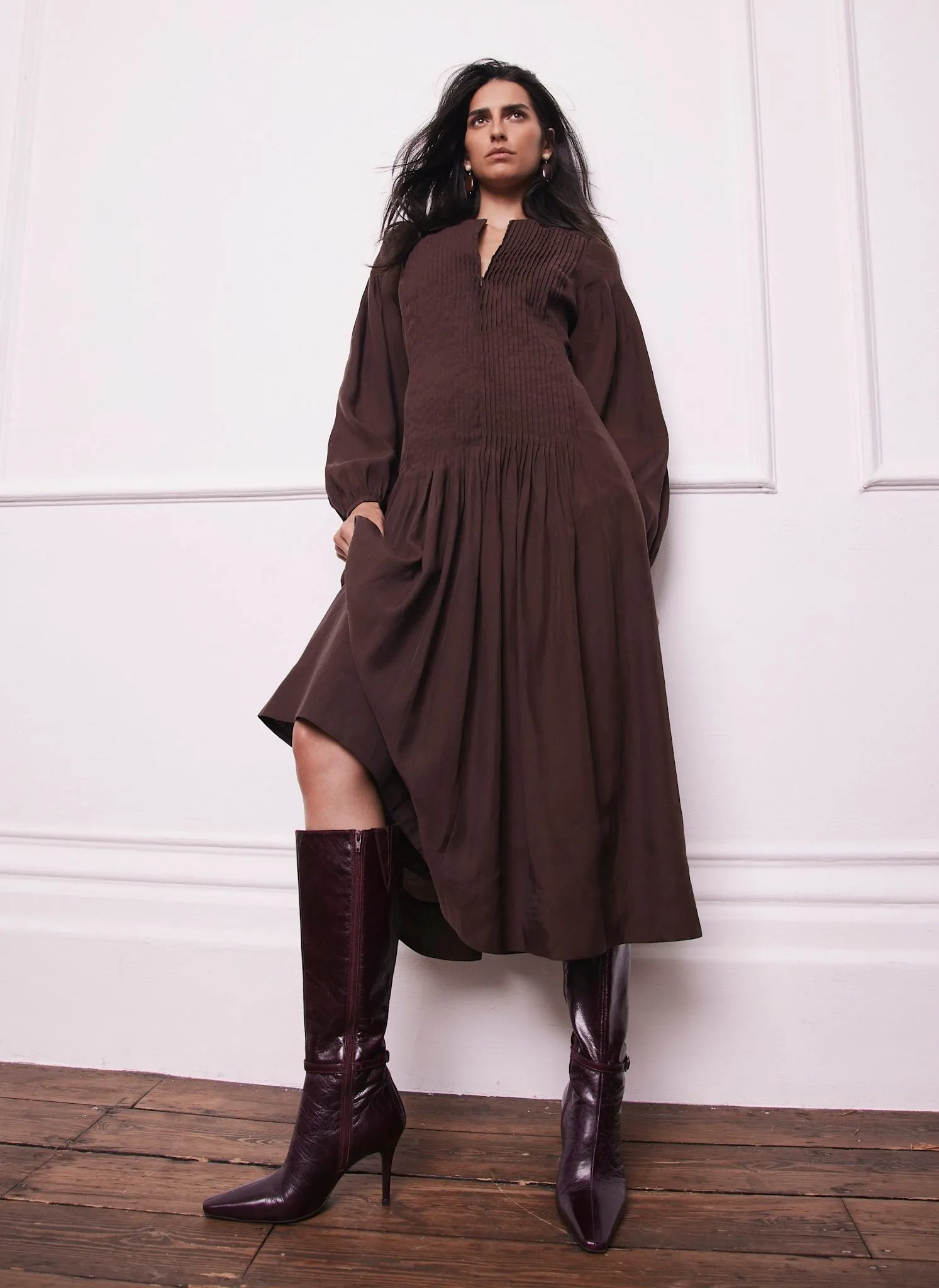 Burgundy Pintuck Maxi Dress sold by Mint Velvet