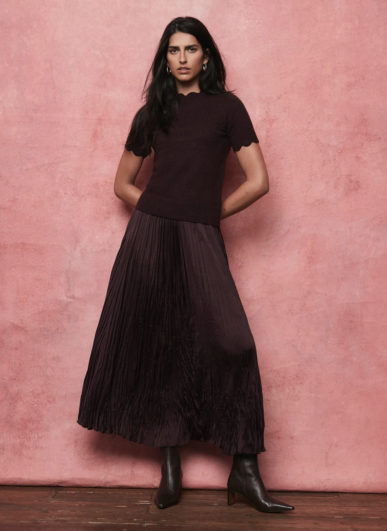 Burgundy Crinkle Textured Maxi Skirt sold by Mint Velvet