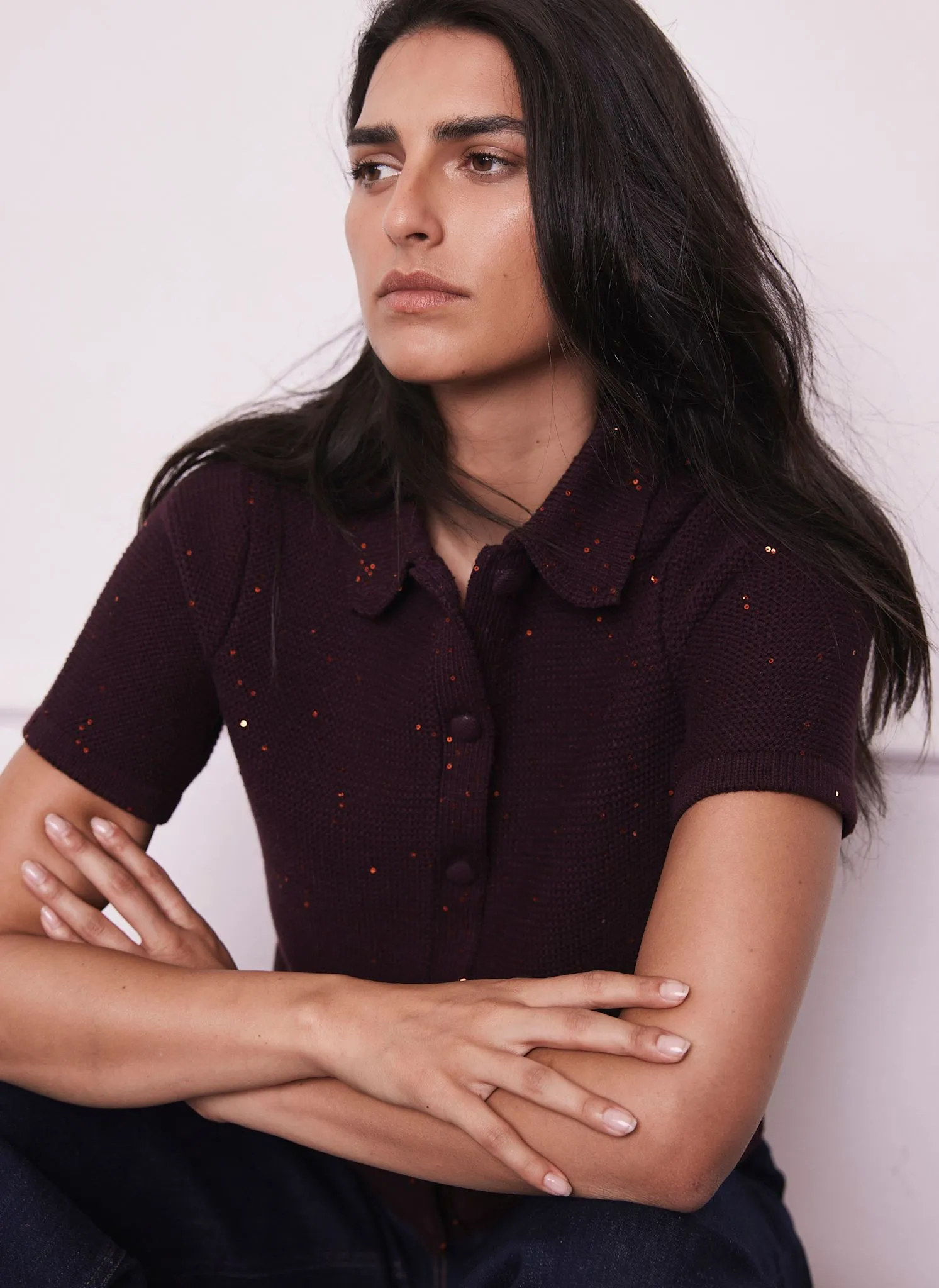 Burgundy Sequin Cotton Blend Cardigan sold by Mint Velvet product image thumbnail 3