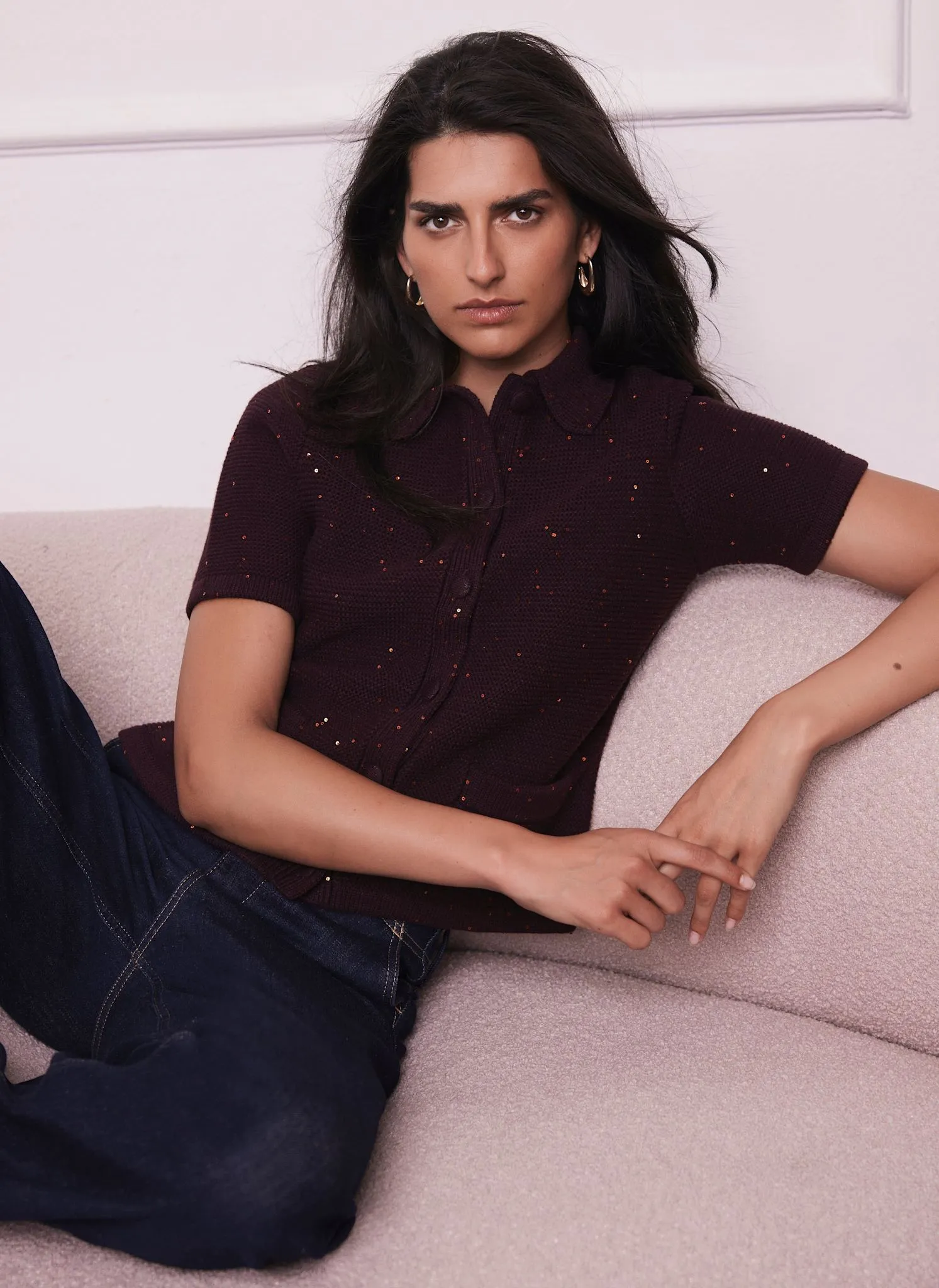 Burgundy Sequin Cotton Blend Cardigan sold by Mint Velvet