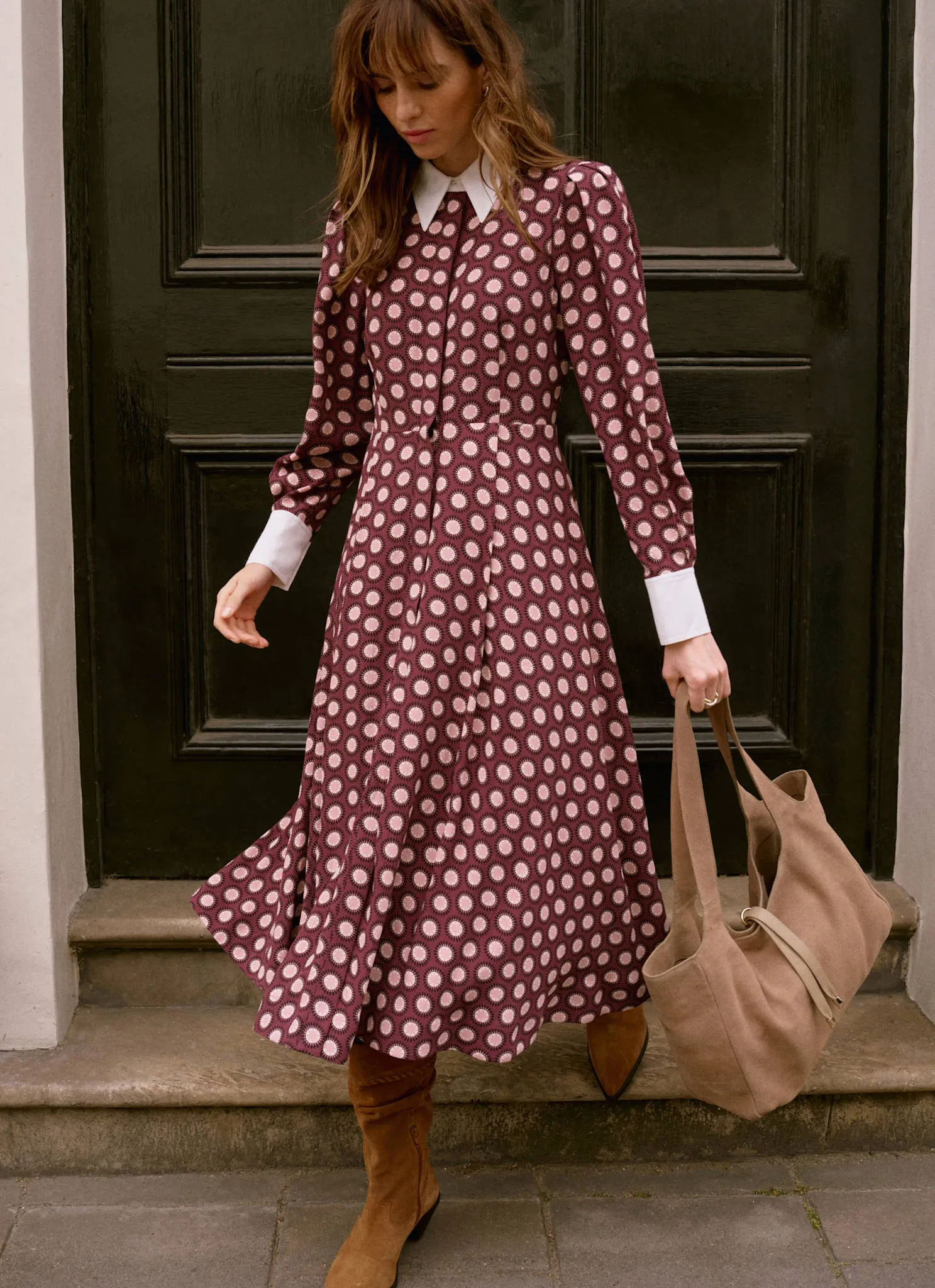Burgundy Geometric Print Midi Dress sold by Mint Velvet