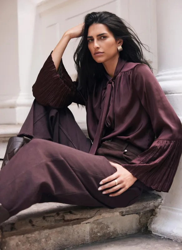 Burgundy Satin Tie Neck Blouse sold by Mint Velvet