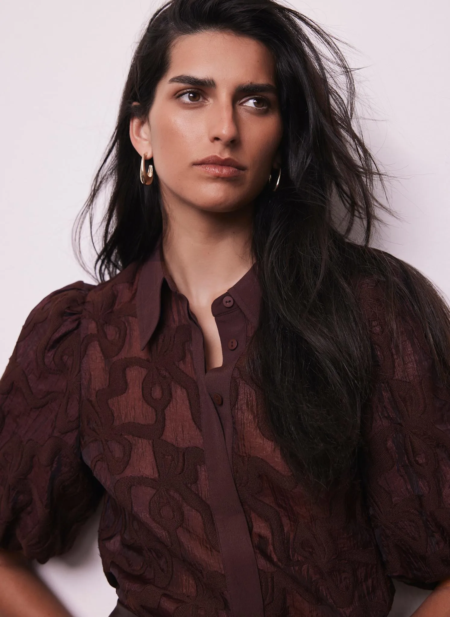 Burgundy Jacquard Puff Sleeve Shirt sold by Mint Velvet product image thumbnail 4