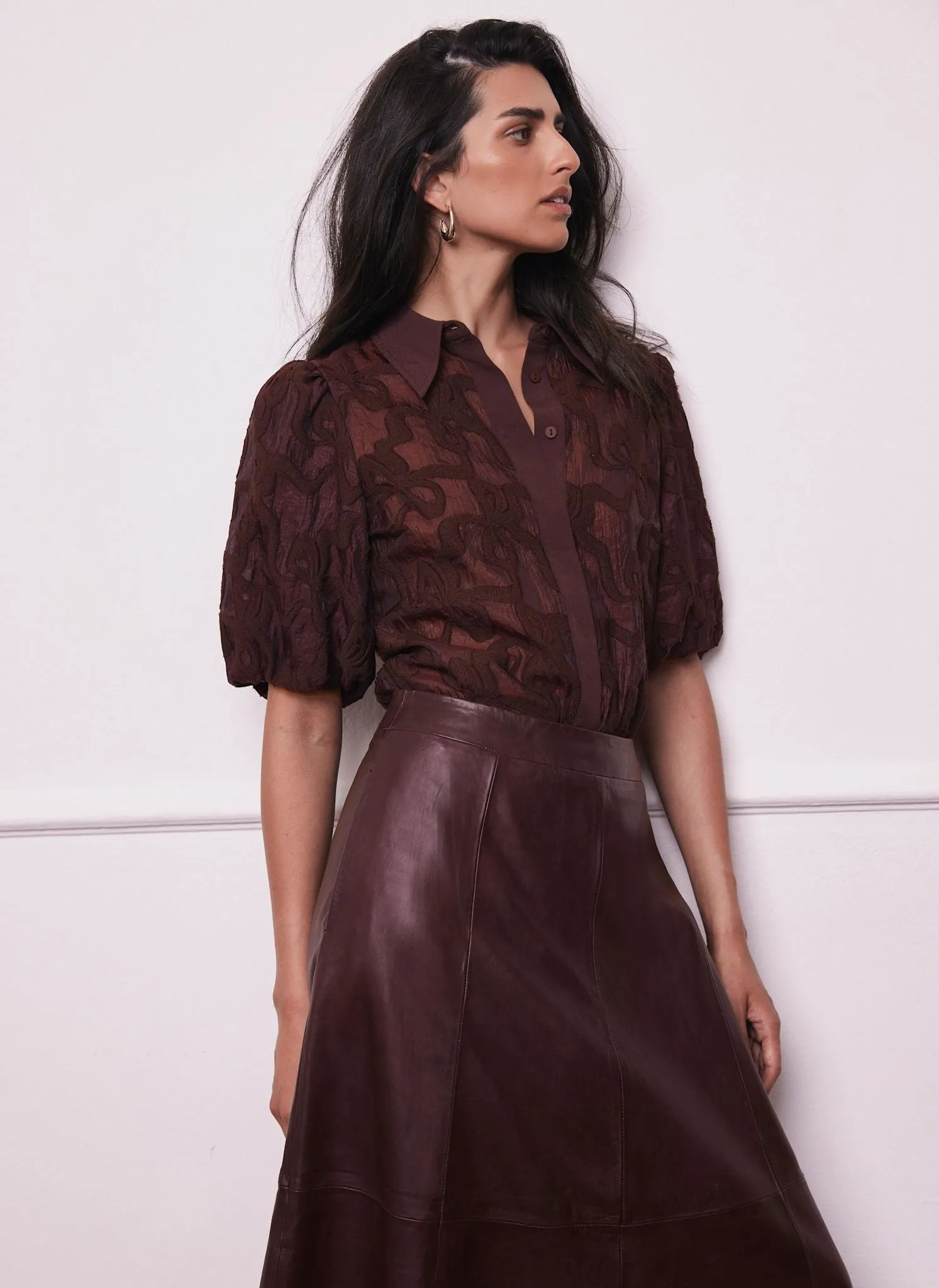 Burgundy Jacquard Puff Sleeve Shirt sold by Mint Velvet product image thumbnail 2