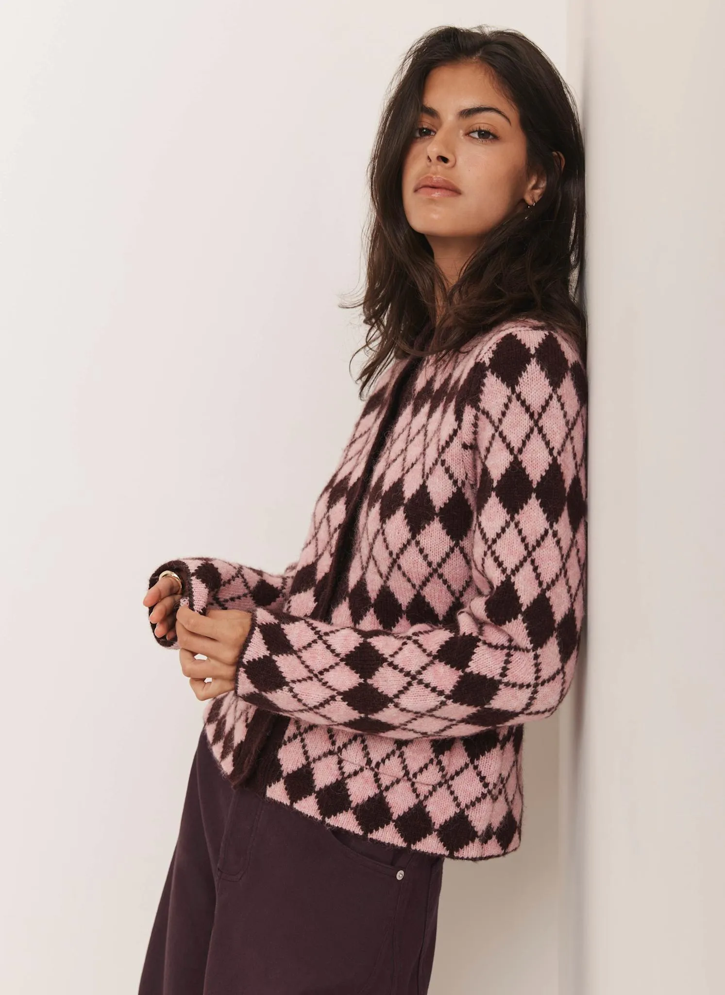 Burgundy Wool Blend Argyle Knit Cardigan sold by Mint Velvet product image thumbnail 5