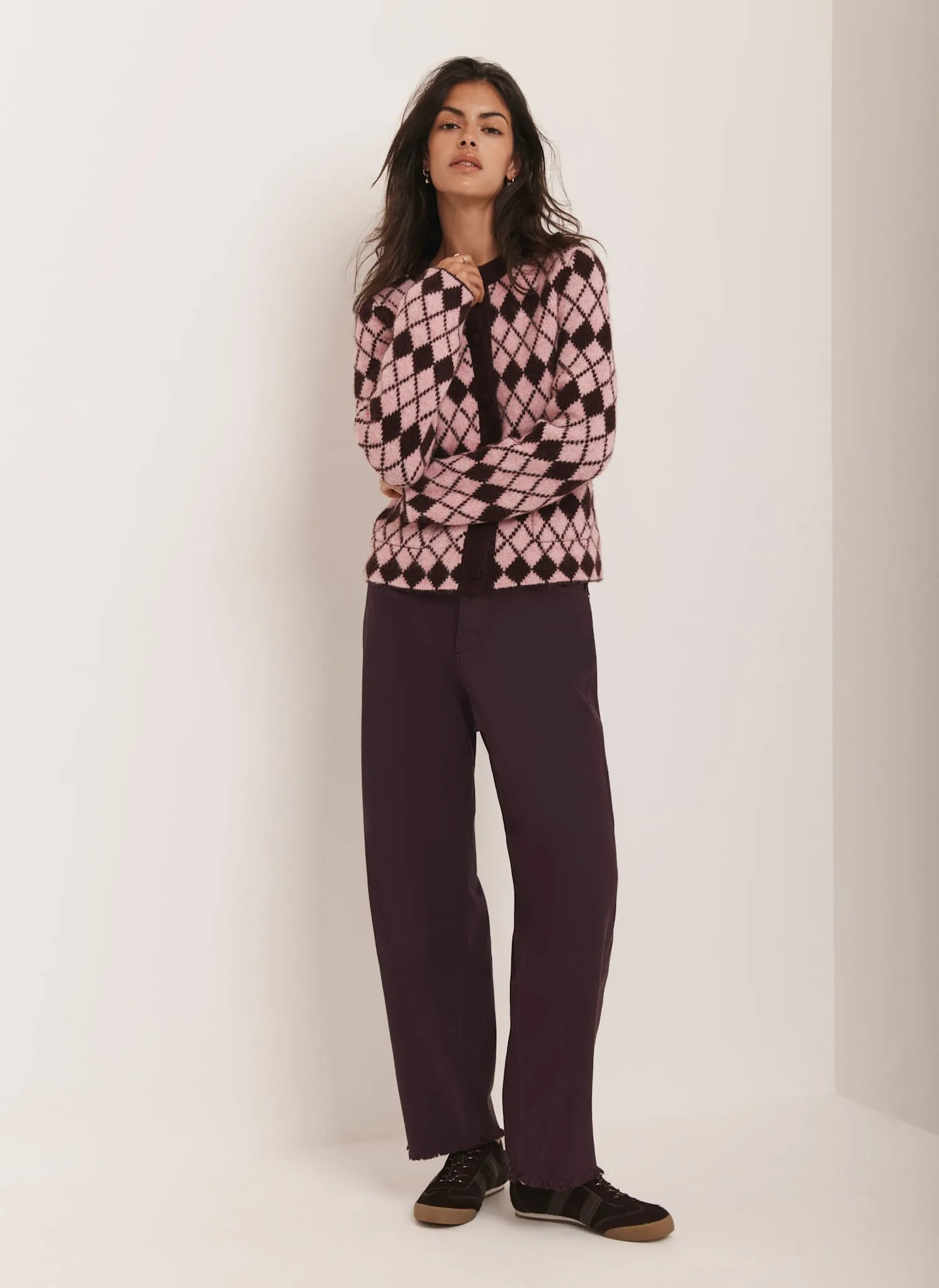 Burgundy Wool Blend Argyle Knit Cardigan sold by Mint Velvet product image thumbnail 3