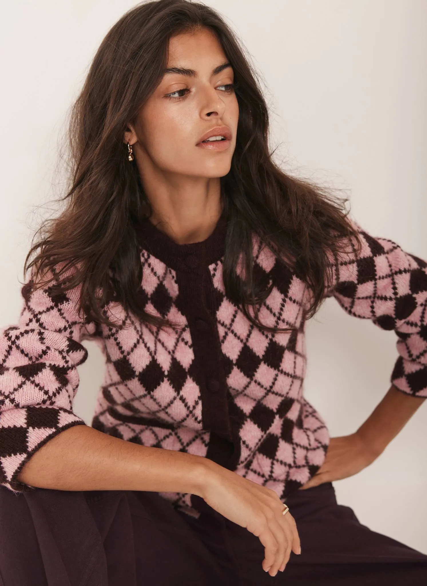 Burgundy Wool Blend Argyle Knit Cardigan sold by Mint Velvet product image thumbnail 4