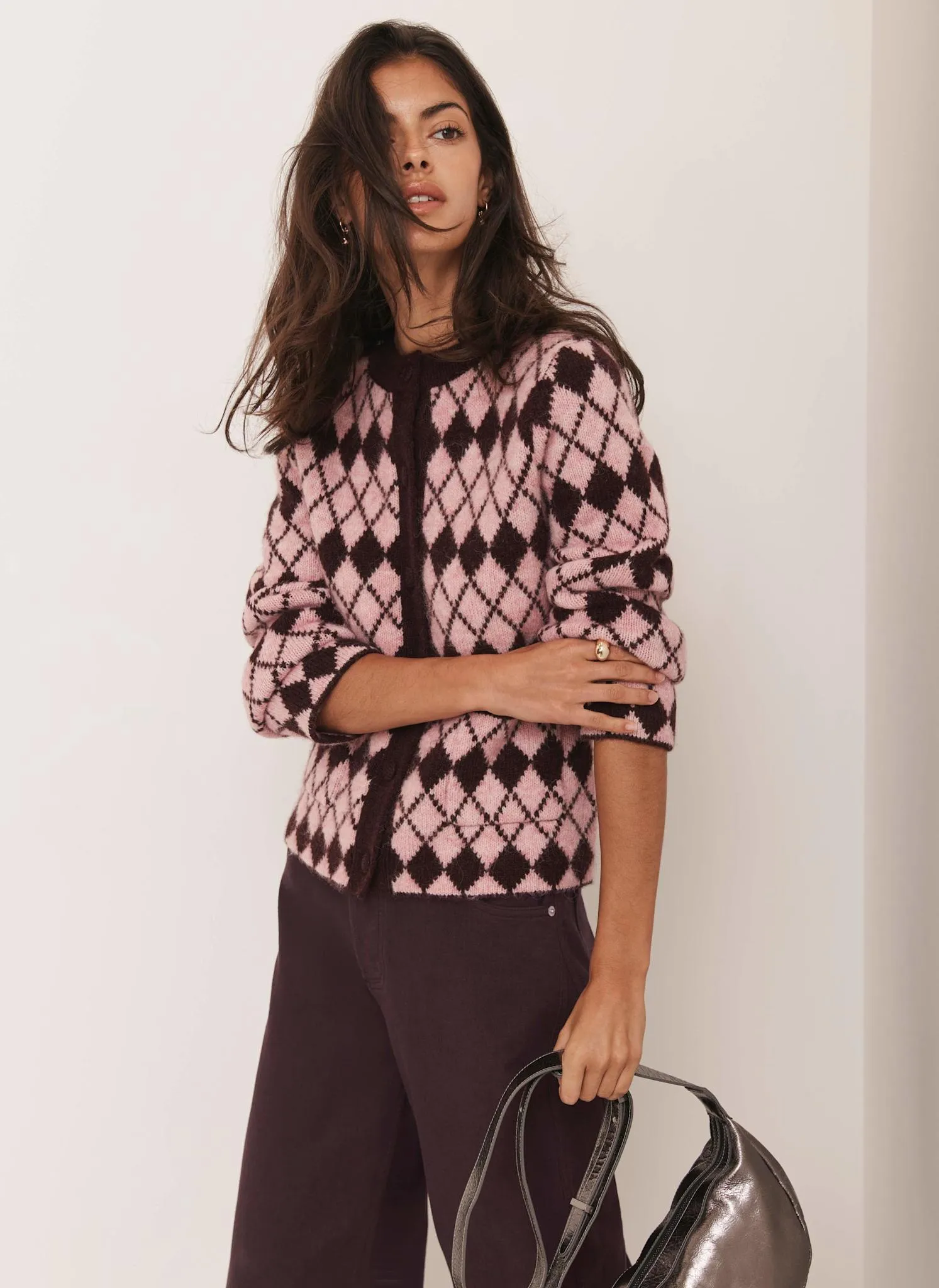 Burgundy Wool Blend Argyle Knit Cardigan sold by Mint Velvet product image thumbnail 2