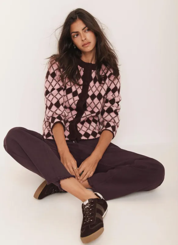 Burgundy Wool Blend Argyle Knit Cardigan sold by Mint Velvet