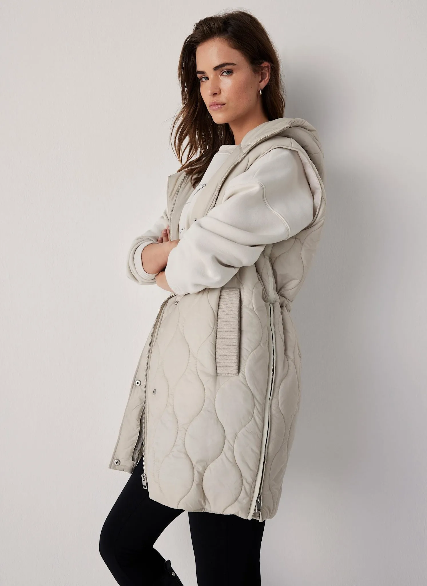 Neutral Quilted Longline Gilet sold by Mint Velvet