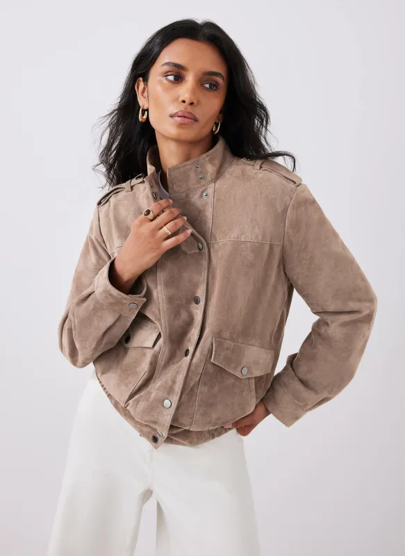 Neutral Suede Bomber Jacket sold by Mint Velvet