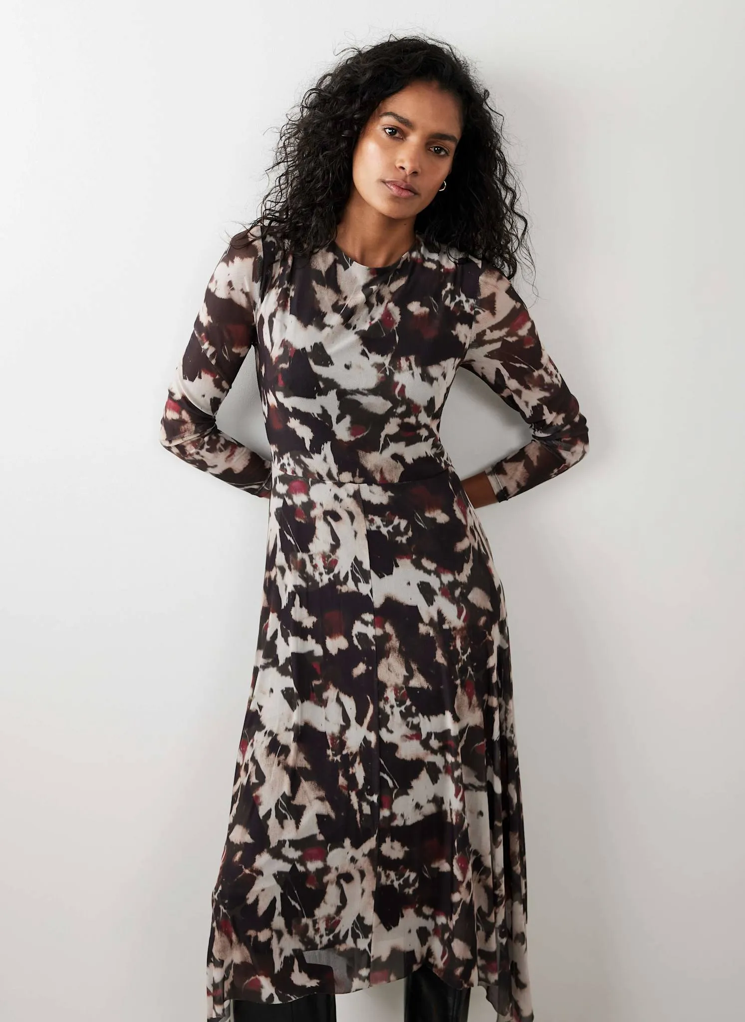Burgundy Abstract Print Mesh Midi Dress sold by Mint Velvet product image thumbnail 3