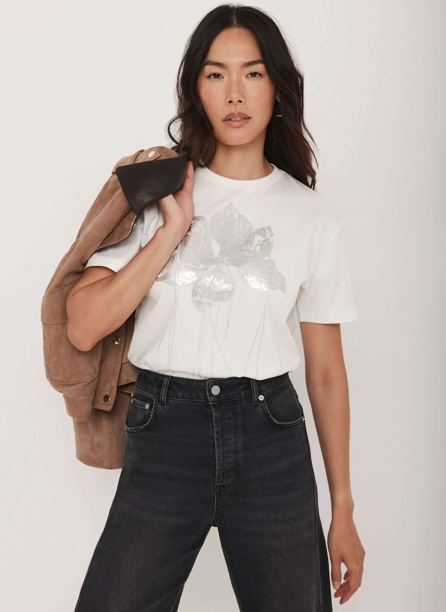 White Metallic Flower Graphic T-Shirt sold by Mint Velvet