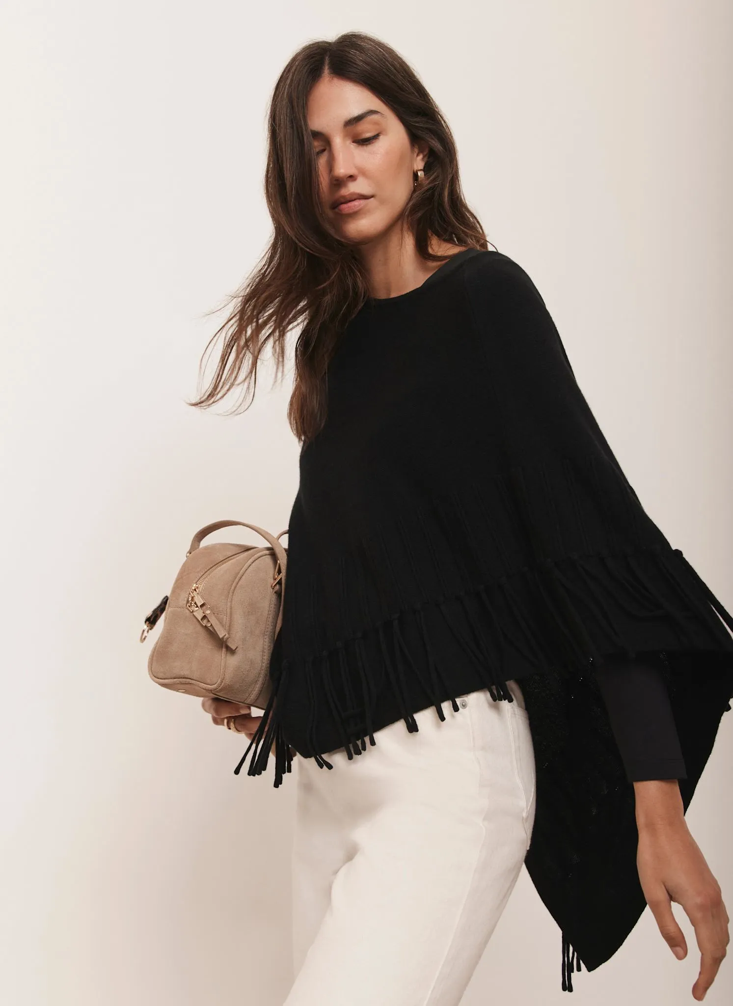 Black Cotton Blend Fringed Knit Poncho sold by Mint Velvet product image thumbnail 2