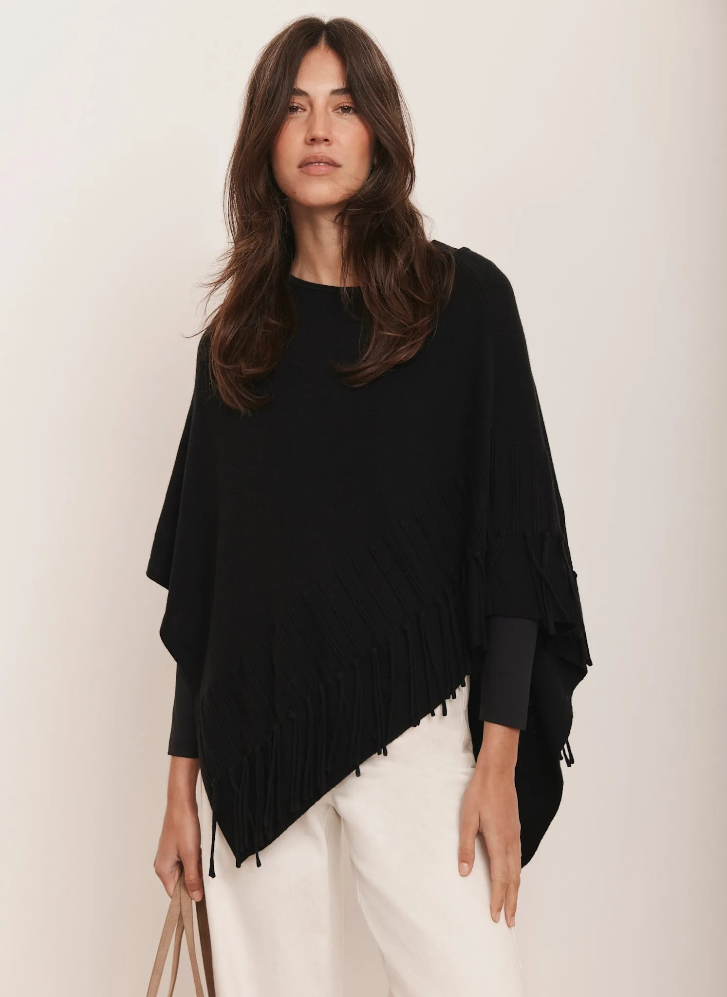 Black Cotton Blend Fringed Knit Poncho sold by Mint Velvet product image thumbnail 3