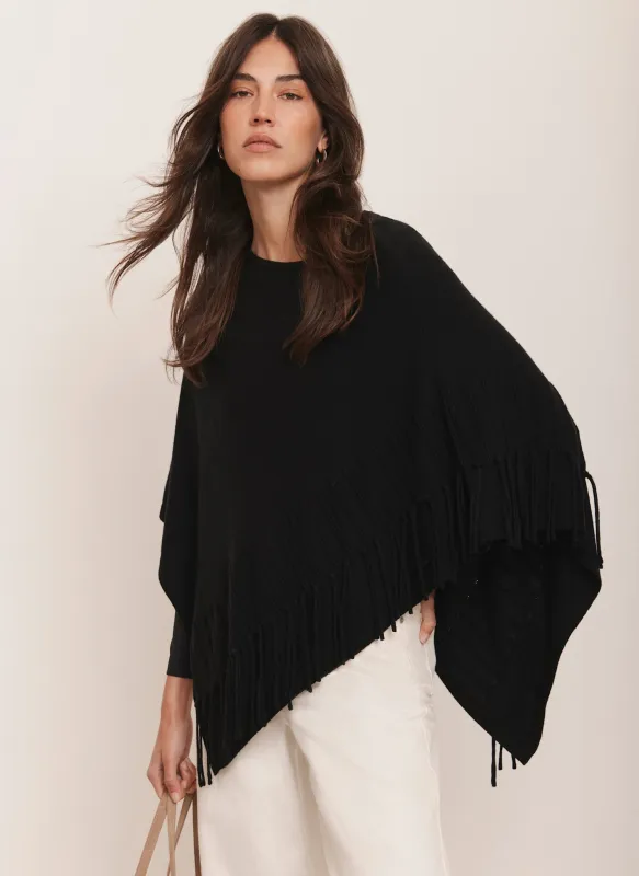 Black Cotton Blend Fringed Knit Poncho sold by Mint Velvet
