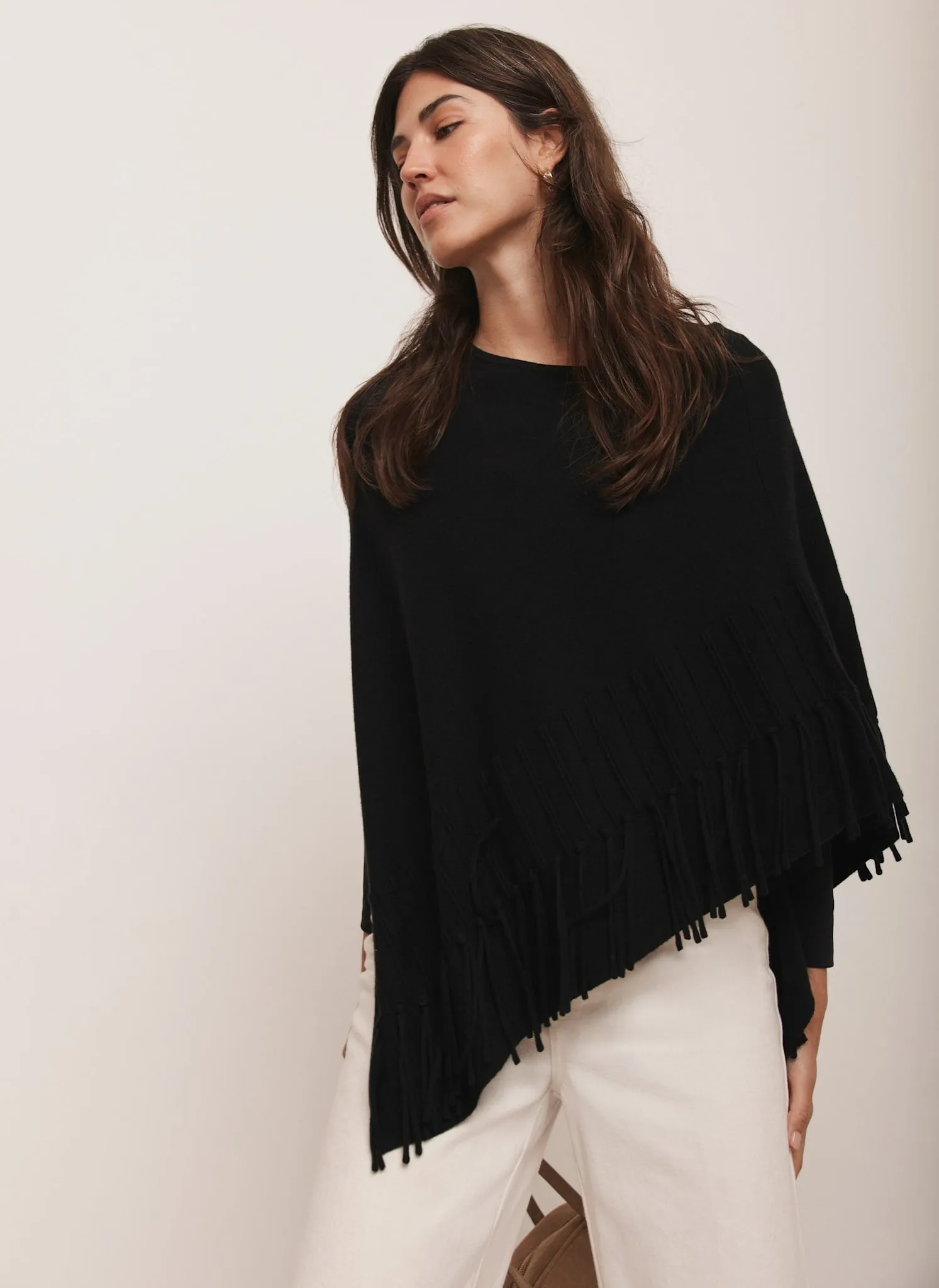 Black Cotton Blend Fringed Knit Poncho sold by Mint Velvet product image thumbnail 5