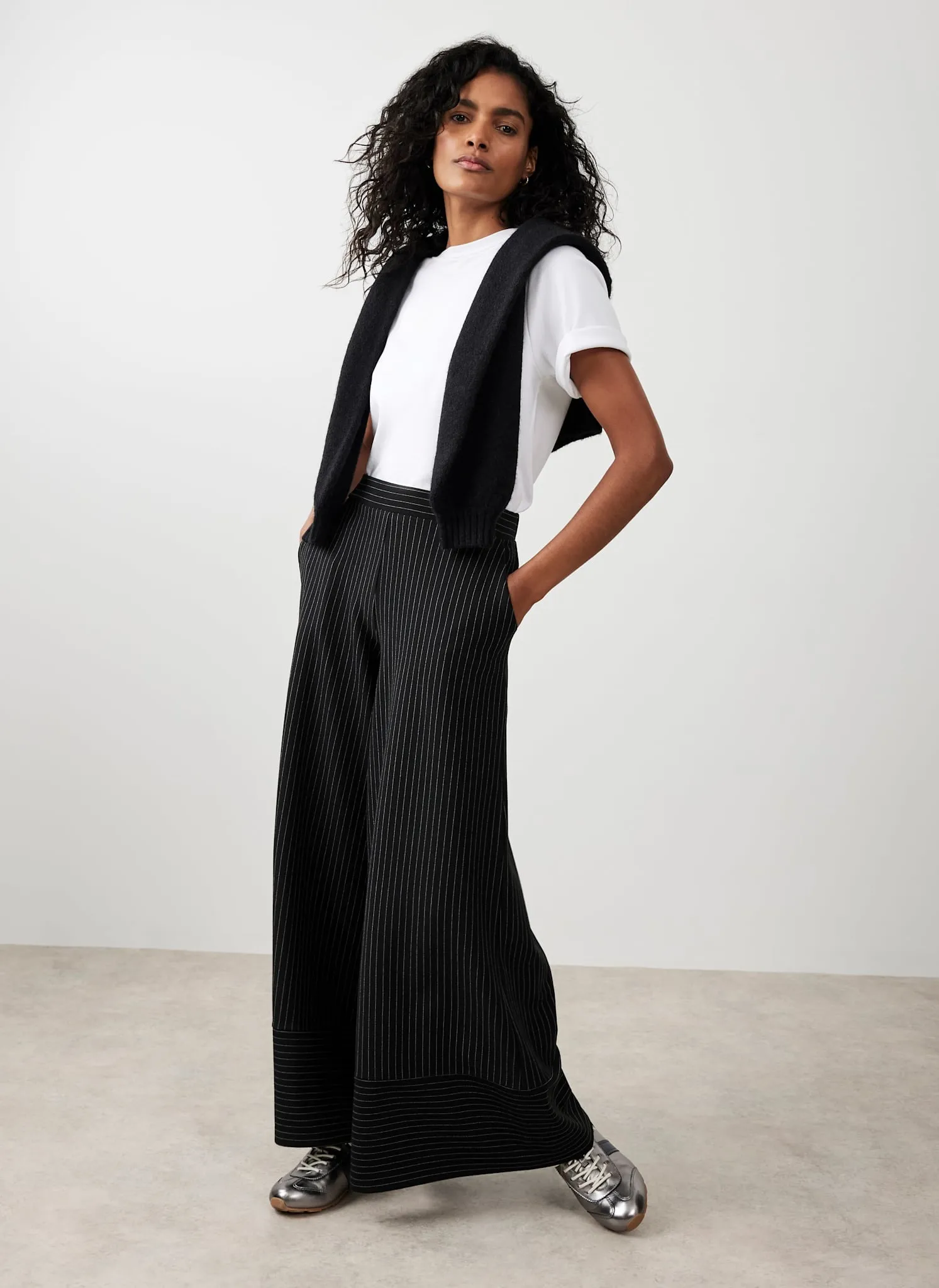 Black Pinstripe Wide Trousers sold by Mint Velvet