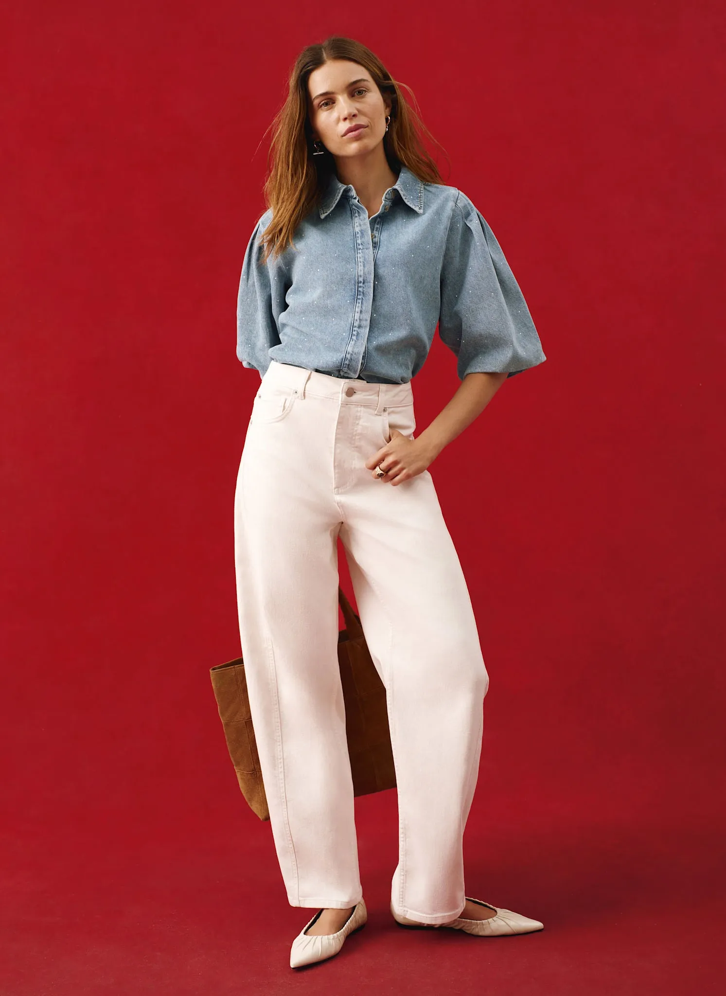 Indigo Denim Embellished Puff Sleeve Shirt sold by Mint Velvet product image thumbnail 3