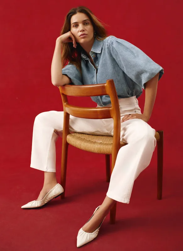 Indigo Denim Embellished Puff Sleeve Shirt sold by Mint Velvet