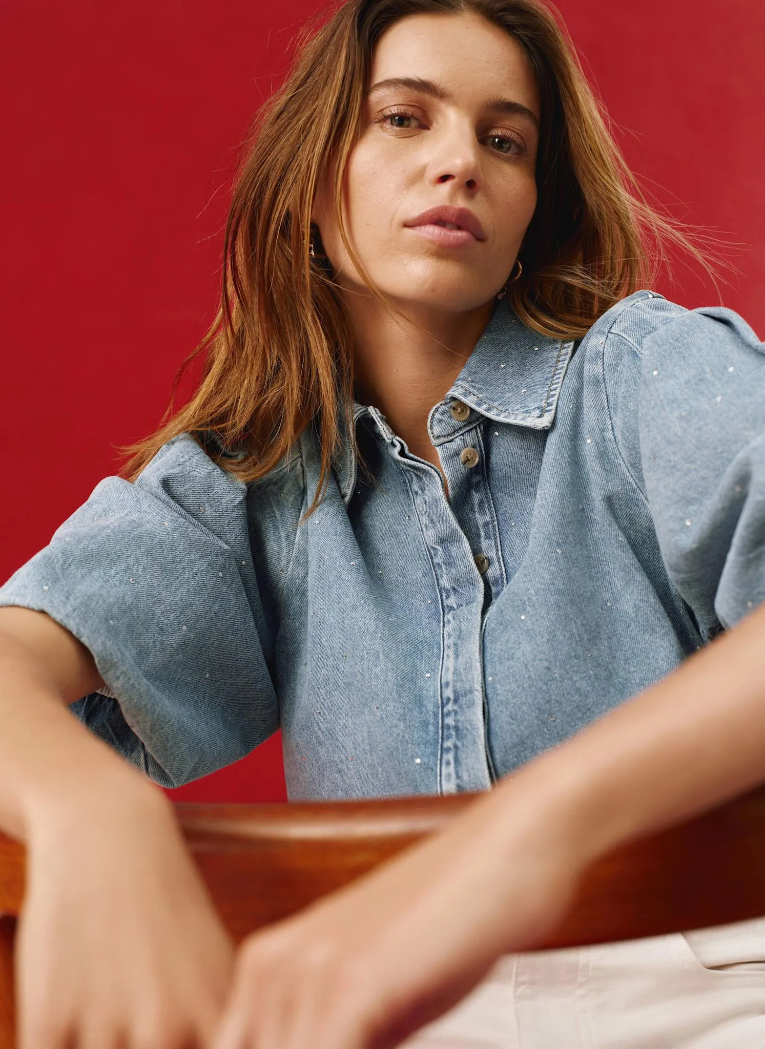 Indigo Denim Embellished Puff Sleeve Shirt sold by Mint Velvet product image thumbnail 2