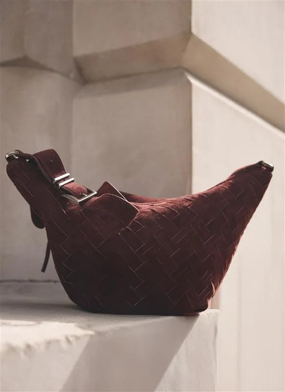 Stevie Burgundy Suede Woven Sling Bag sold by Mint Velvet