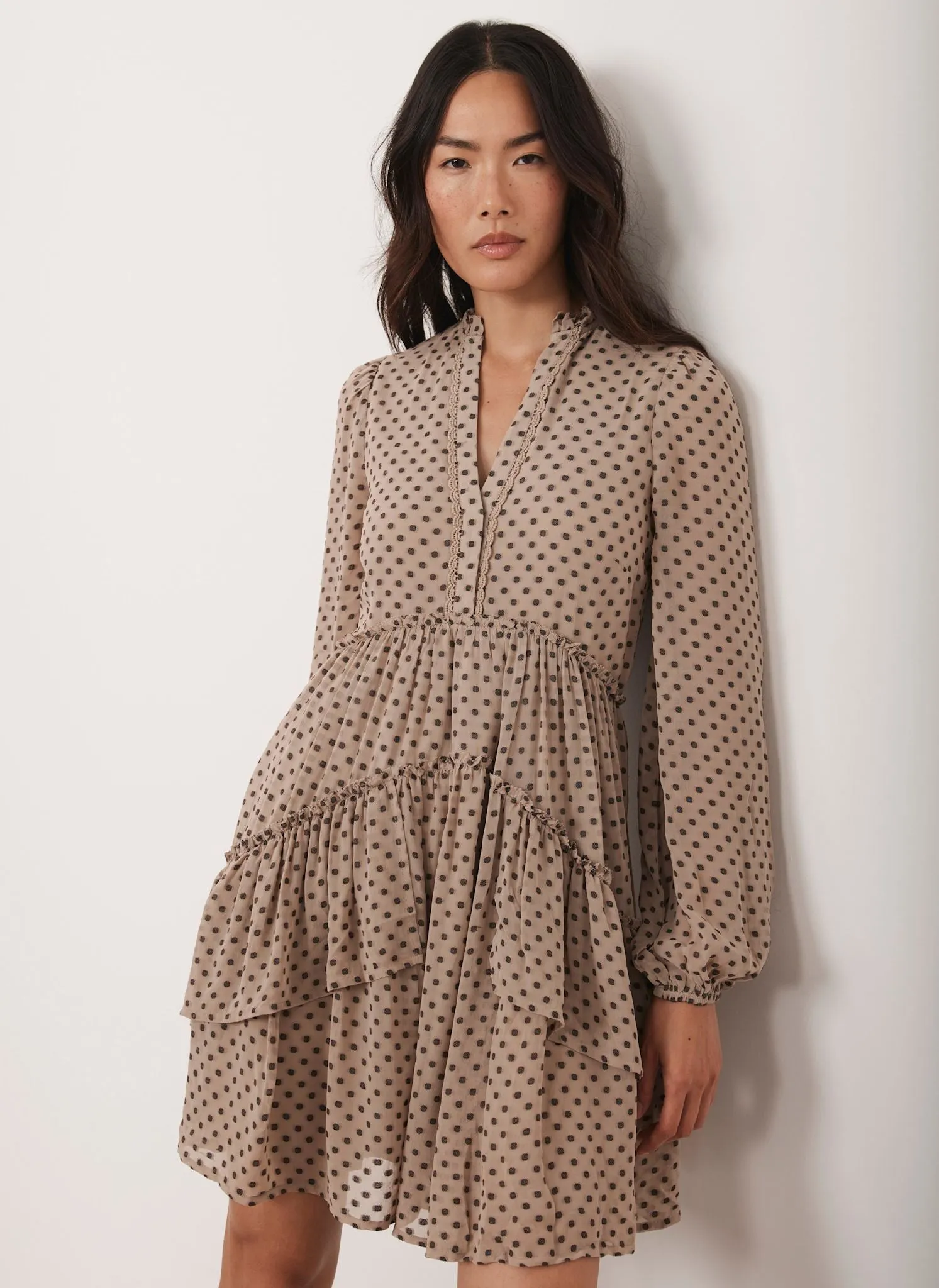 Neutral Jacquard Polka Dot Mini Dress sold by Mint Velvet