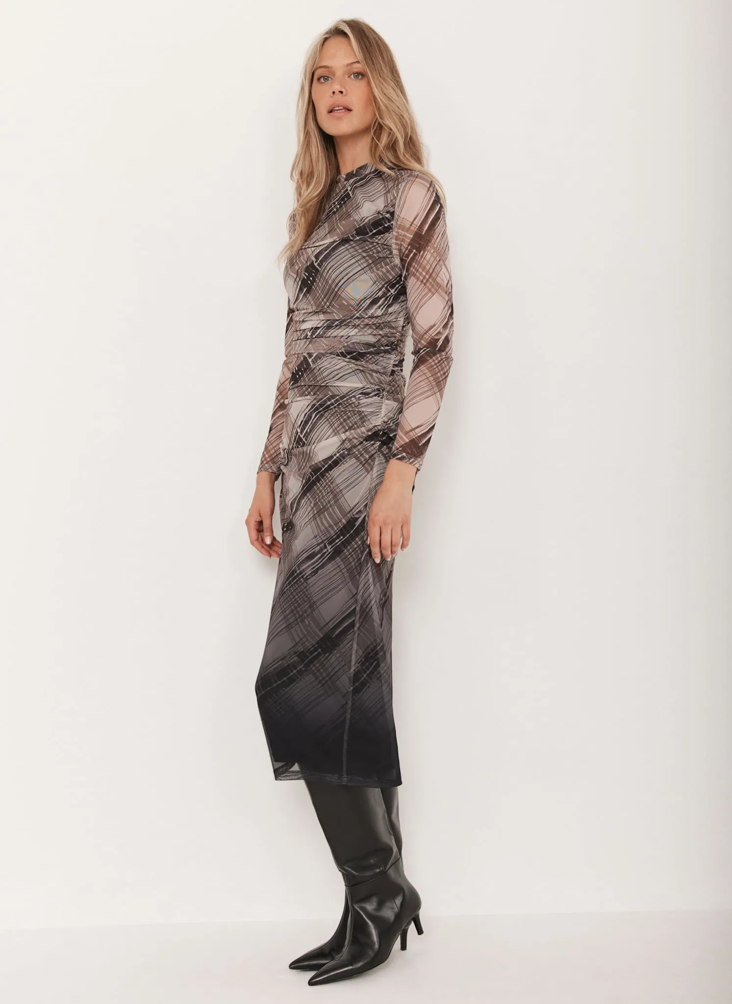 Brown Checked Print Ombre Mesh Midi Dress sold by Mint Velvet product image thumbnail 2