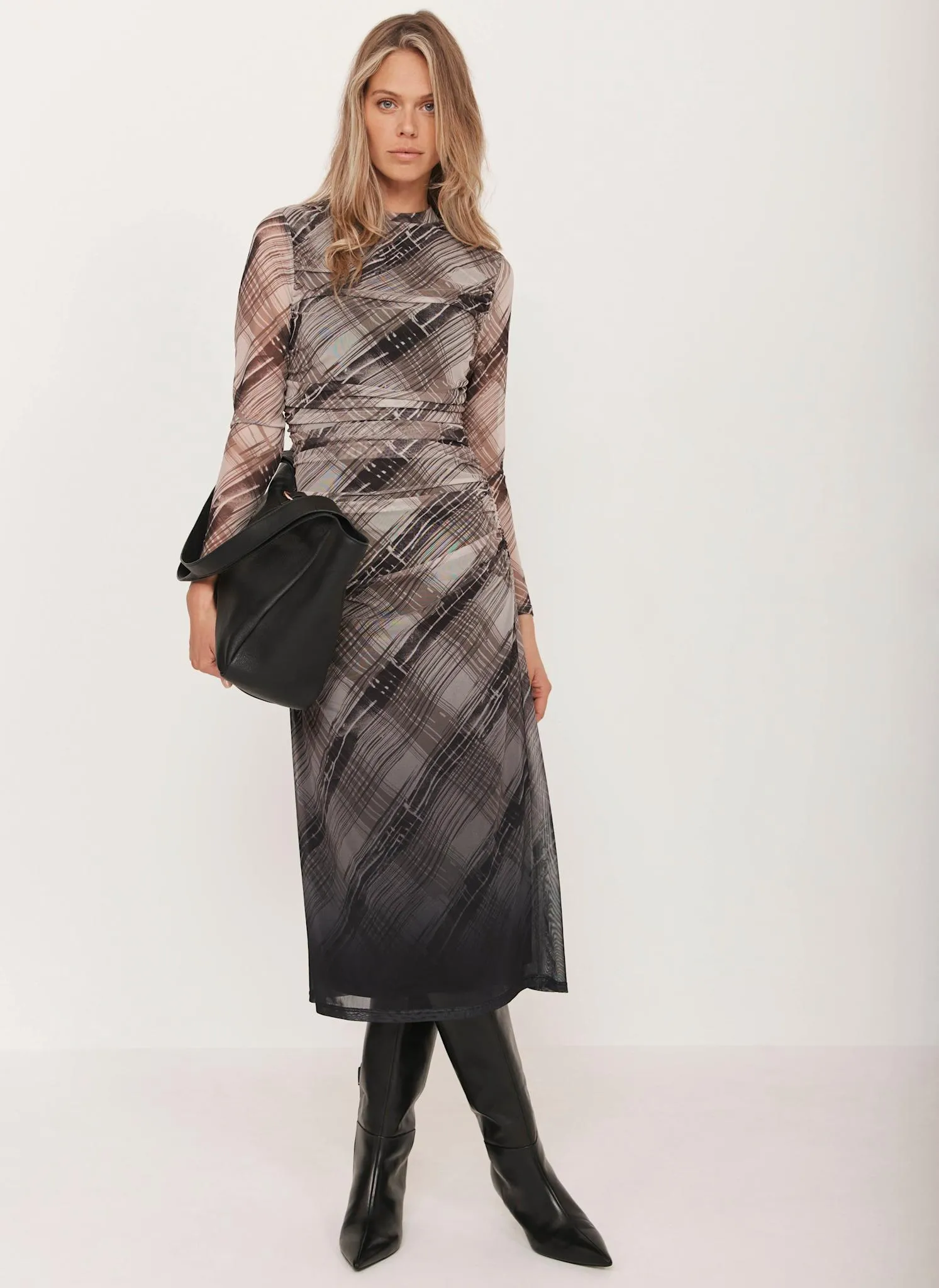 Brown Checked Print Ombre Mesh Midi Dress sold by Mint Velvet