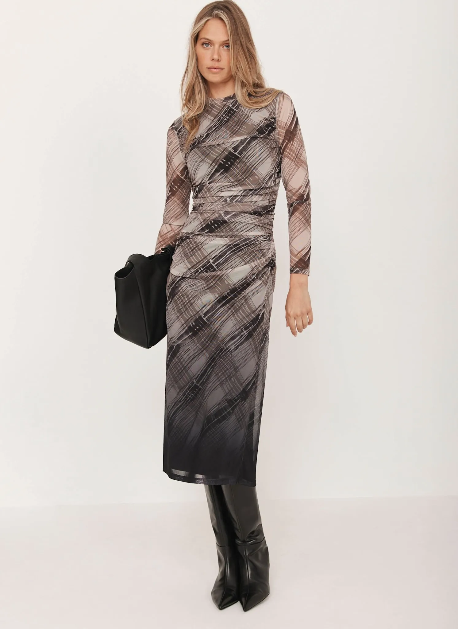 Brown Checked Print Ombre Mesh Midi Dress sold by Mint Velvet product image thumbnail 4