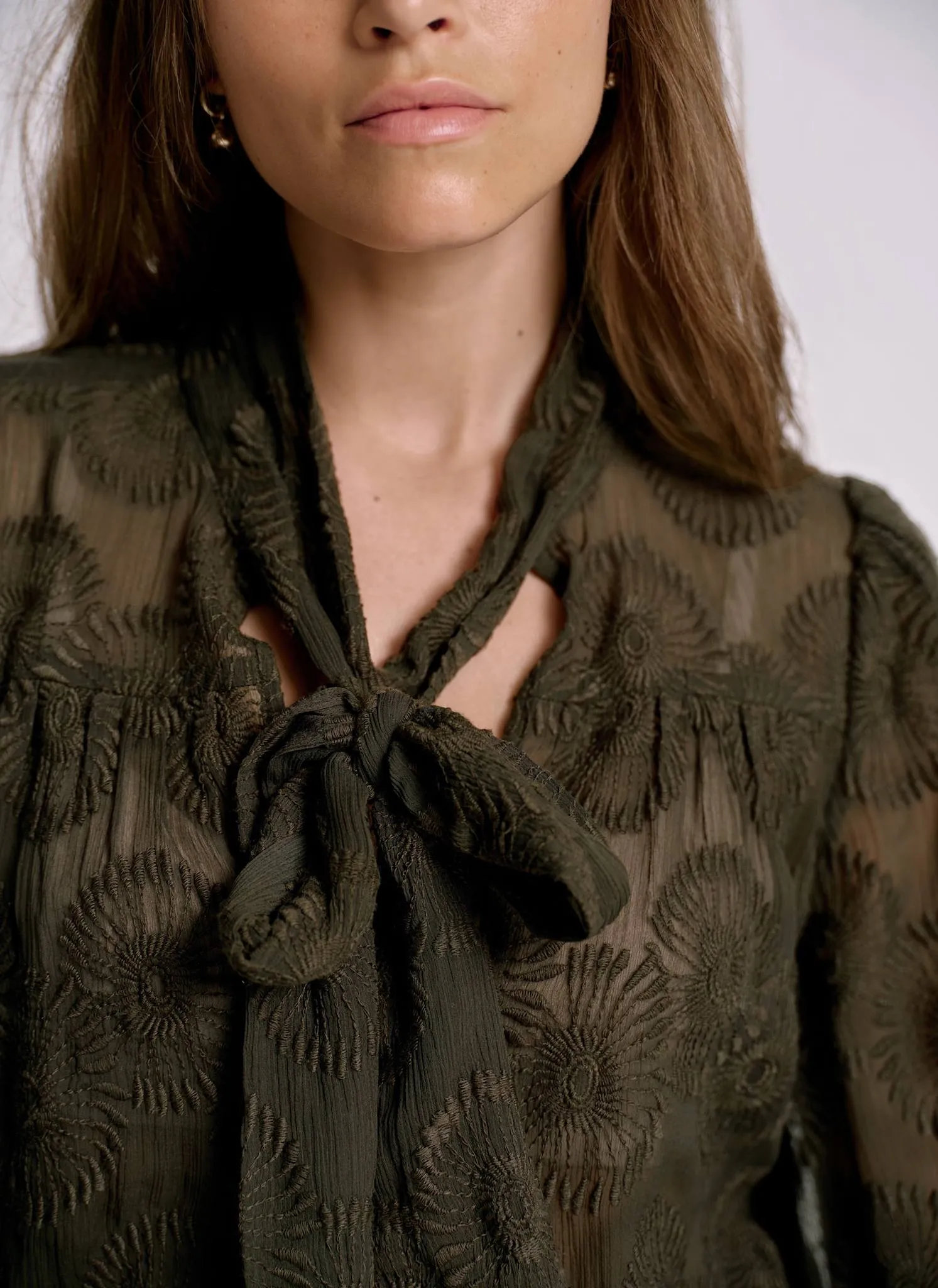 Khaki Floral Tie Neck Blouse sold by Mint Velvet product image thumbnail 4