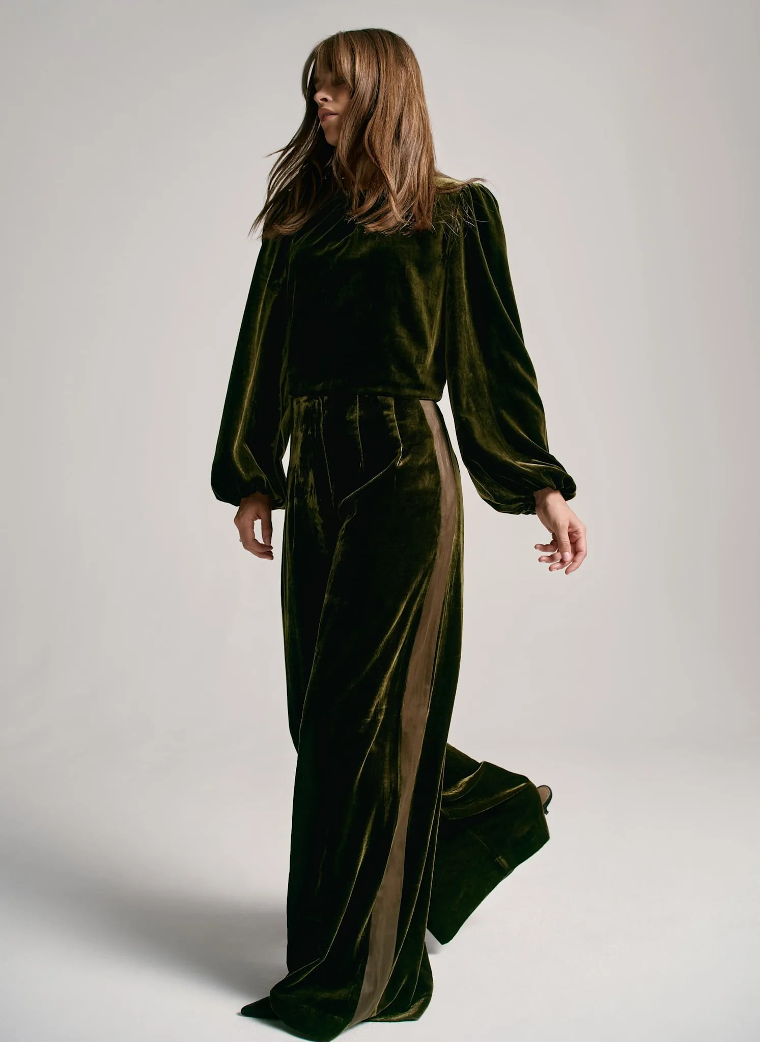 Khaki Velvet Wide Trousers sold by Mint Velvet