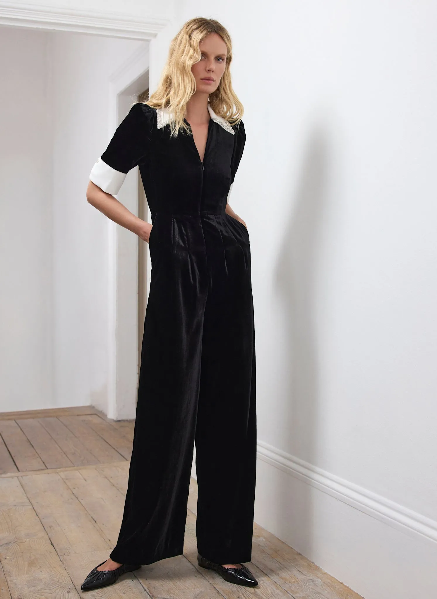 Black Velvet Embellished Collar Jumpsuit sold by Mint Velvet